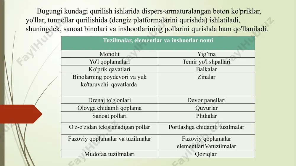 ini ishlab chiqish va xossalarini o’rganish. ishning vazifalari: -bazalt tolalarini beton tarkibiga qo’shishda optimal miqdorini aniqlash; -beton xossalariga bo’lgan ta’sirini o’rganish; -temir-beton konstrukksiyalari tayyorlashda armatura bilan birga qo’llashni taklif va tavsiyalar berish; -betonni siqilish va egilishga bo’lgan mustahkamligini oshirish tadqiqot obyekti: fibrobeton tarkibini optimallashtirish va strukturasini o’rganish. tadqiqot predmeti: bazalt tolasi, fibrobeton. tadqiqot natijalarining nazariy va amaliy ahamiyati. dispers armaturalangan betonni tadqiq qilish va qo'llash bo'yicha jahon tajribasi shuni ko'rsatadiki, tolalarni qo’llash quyidagilarni ta'minlaydi: - betonning mustahkamlik xususiyatlarini yaxshilash, yorilishga chidamliligini, zarba va ishqalanishga qarshiligi oshirish, har xil kuch ta'sirida mustahkamlik oshishi; - betonning strukturasini yaxshilash orqali agressiv muhit ta'sirida konstruktsiyalarning ekspluatatsion ishonchliligini oshirish; - konstruksiyaning ishchi kesimini kamaytirish tadqiqotning usullari: tajriba ishlarini olib borish, kuzatish, taqqoslash va tahlil qilish ilmiy yangiligi. dispers armaturalangan bazalt tolali fibrobetonning optimal tarkibi ishlab chiqilgan. bazalt tolali fibrobetonning siqilishga va egilishga bo’lgan mustahkamliklarini oshirishga erishilgan. ilmiy izlanishlar uchun xom ashyo materiallarining xarakteristikasi. qumning yiriklik …