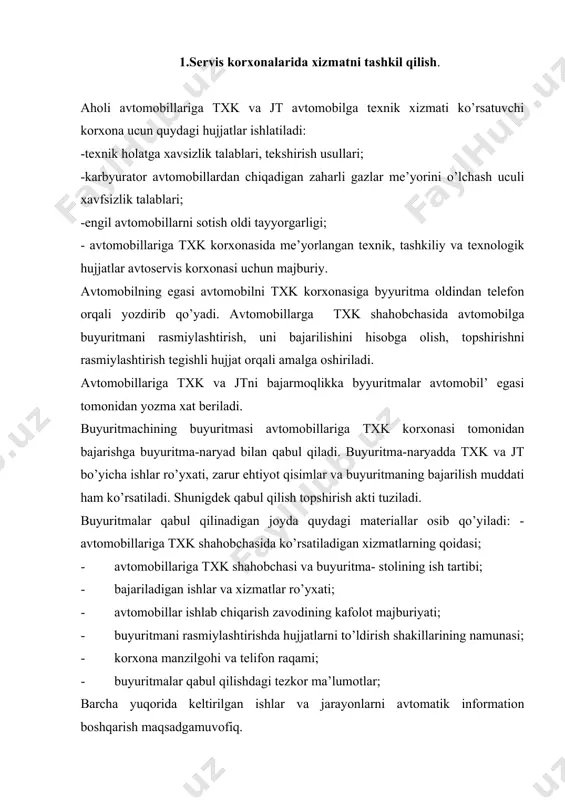 tik information boshqarish maqsadgamuvofiq. ehtiyot qisimlar bilan ta’minlash tizimining sifatli va samaradorli faoliyat ko’rsatishlari bir qator ko’rsatkichlar bilan ifodalanadi: - etishmaydigan ehtiyot qisimlar hajmi; · buyuritmalarni bir bor so’ralishidanoq ta’minlanish miqdori; · buyuritmalarni tezda va rejali bajarilish vaqti; · xizmat birligiga to’g’ri keladigan zaxiradagi ehtiyot qisimlarning solishtirma qiymati. avtomobillariga txk korxonalarida xizmat ko’rsatishning ilg’or shakдш “obunali” xizmat hisoblanadi. bunda avtomobillariga txk korxonasi va avtomobil’ egasi orasida harakatdagi prsqurantning belgilangan bahosi bo’yicha xizmat uchun 1 yil muddat davomida to’lanadigon shartnoma tuziladi. korxonadagi ishlarni tashkil etish va hisobga olish uchun ishlatiladigan xujjatlar birlamchi va jamlangan guruhlarga bo’linadi. birlamchi xujjatlar xo’jalik operatsiyalarining takomillashtirishda tuziladi, masalan, buyurtmachi avtomobil’ni avtomobillarga txk korxonasiga topshirayotganda, extiyot qisimlar olayotganda va shunga o’xshashlar. ishlab chiqarish jarayonini boshqarish uchun tavsiya etilgan xujjatlarning shakli, ularning tuldirilish tartibini ko’rib chiqamiz. buyurtma olish uchun txk va jt ni o’tkazishga talabnoma asos bo’ladi. u esa usta-qabul qiluvchi va ishlab chiqarishni tayyorlovchi ustalarda bo’ladi. talabnoma …