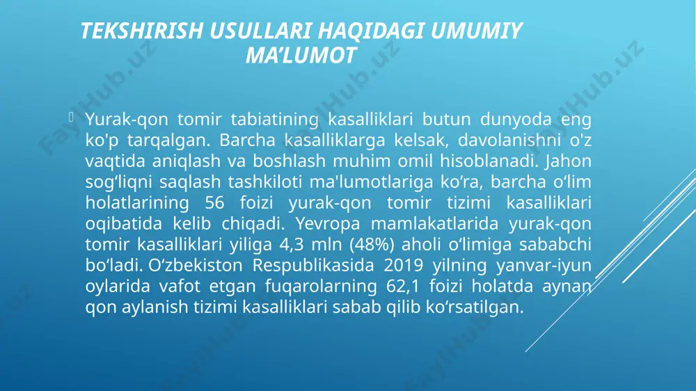 ali, impulsli yoki uzluksiz toʻlqinli doppler ultratovush yordamida aniq baholashga imkon beradi. bu yurak orqali normal va anormal qon oqimini baholash imkonini beradi. rangli doppler, shuningdek, spektral doppler yurakning chap va oʻng tomonlari oʻrtasidagi har qanday gʻayritabiiy aloqalarni, klapanlar orqali qonning har qanday oqishi (klapanlarning regurgitatsiyasi) va klapanlarning qanchalik yaxshi ochilishini (yoki ochilmasligini) aniqlash uchun ishlatiladi qopqoq stenozi holatida). ekokardiografiyaning uchta asosiy turi mavjud: transtoraksis, transezofagial va intrakardik. stress testi trantorasik aks sadoni mashq qilish usuli bilan birgalikda qoʻllaydi (masalan, yugurish yoʻlakchasida). intravaskulyar ultratovush tekshirish orqali quyida keltirilgan, ammo nomi „ekokardiografiya“ dan koʻra koʻproq „ultratovush“ ni bildiradi, chunki u yurak emas, balki qon-tomirlar devorlarini tasvirlaydi. parasternal uzun oʻq koʻrinishidagi ekokardiogramma, yurakning chap qorincha oʻlchovini koʻrsatad transesophagial exokardiografiya transezofageal ekokardiyografiya (tee) yurakning tuzilishi va faoliyatini baholash uchun ekokardiyografiyadan foydalanadi. jarayon davomida transduser (mikrofon kabi) ultratovushli tovush to'lqinlarini yuboradi. transduser ma'lum joylarga va burchaklarga o'rnatilganda, ultratovushli tovush to'lqinlari teri va boshqa tana …