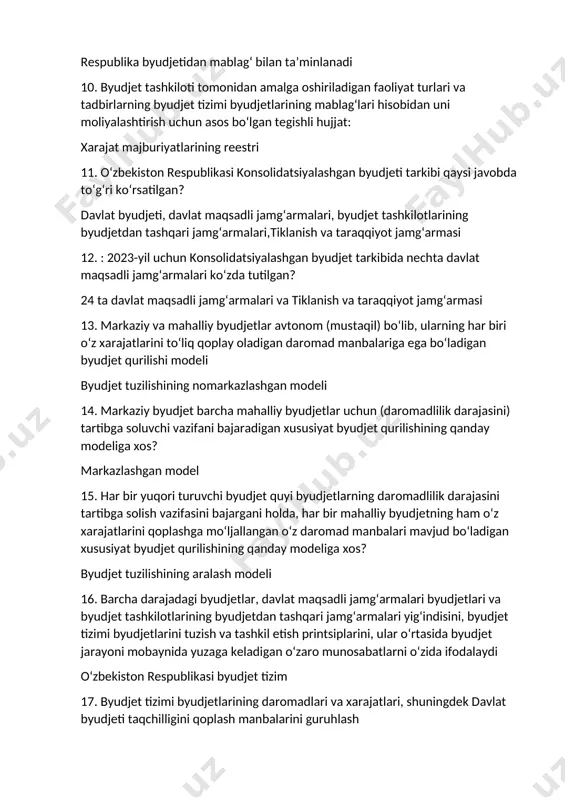 at majburiyatlarining reestri 11. o‘zbekiston respublikasi konsolidatsiyalashgan byudjeti tarkibi qaysi javobda to‘g‘ri ko‘rsatilgan? davlat byudjeti, davlat maqsadli jamg‘armalari, byudjet tashkilotlarining byudjetdan tashqari jamg‘armalari,tiklanish va taraqqiyot jamg‘armasi 12. : 2023-yil uchun konsolidatsiyalashgan byudjet tarkibida nechta davlat maqsadli jamg‘armalari ko‘zda tutilgan? 24 ta davlat maqsadli jamg‘armalari va tiklanish va taraqqiyot jamg‘armasi 13. markaziy va mahalliy byudjetlar avtonom (mustaqil) bo‘lib, ularning har biri o‘z xarajatlarini to‘liq qoplay oladigan daromad manbalariga ega bo‘ladigan byudjet qurilishi modeli byudjet tuzilishining nomarkazlashgan modeli 14. markaziy byudjet barcha mahalliy byudjetlar uchun (daromadlilik darajasini) tartibga soluvchi vazifani bajaradigan xususiyat byudjet qurilishining qanday modeliga xos? markazlashgan model 15. har bir yuqori turuvchi byudjet quyi byudjetlarning daromadlilik darajasini tartibga solish vazifasini bajargani holda, har bir mahalliy byudjetning ham o‘z xarajatlarini qoplashga mo‘ljallangan o‘z daromad manbalari mavjud bo‘ladigan xususiyat byudjet qurilishining qanday modeliga xos? byudjet tuzilishining aralash modeli 16. barcha darajadagi byudjetlar, davlat maqsadli jamg‘armalari byudjetlari va byudjet tashkilotlarining byudjetdan tashqari jamg‘armalari …