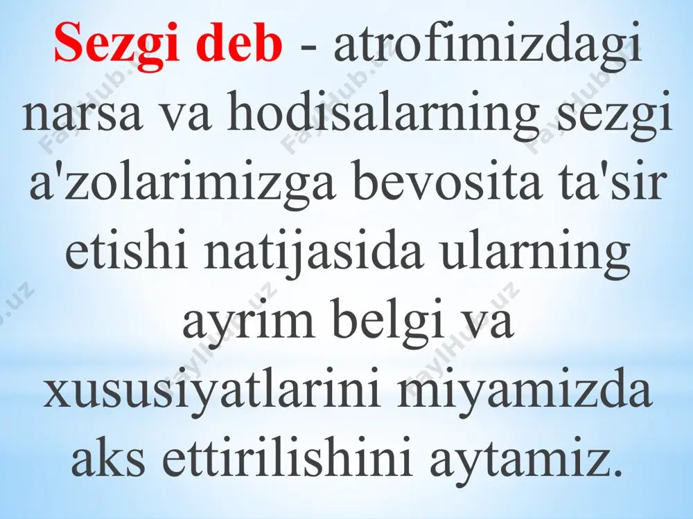 a. pozitiv adaptasiyada kuchsiz qo’zg’atuvchi ta'siri ostida sezgirlik oshadi. ko’rish analizatorida pozitiv adaptasiya, qorong’ulik adaptasiyasi deyiladi. negativ adaptasiya ikki xil bo’ladi: qo’zg’atuvchining davomiy ta'siridan sezgirlik yo’qoladi. kuchli qo’zg’atuvchi ta'siridan sezgirlikning susayishi. i.p.pavlov fikricha, "adaptasiya bosh miya po’stloq qismidagi muhofazalovchi tormozlanishi tufayli hosil bo’ladi". haroratga, hidlarga nisbatan ham adaptasiya bo’ladi. sensibilizasiya - analizatorlarning o’zaro munosabati va mashq qilishi natijasida sezgirlikning kuchayishidir. sensibilizasiyaning adaptasiyadan farqi: adaptasiyada sezgirlik oshadi yoki kamayadi, sensibilizasiyada esa faqat oshadi; adaptasiyada sezgirlikning o’zgarishi tashqi chegaralarga bog’liq bo’lsa, sensibilizasiyada psixologik, fiziologik holatlarga bog’liq bo’ladi. sinesteziya qo’zg’atuvchining bir analizatorga ta'siri bilan boshqa analizatorga xos sezgining paydo bo’lishidir. ko’rish, eshitish sinesteziyasi ko’proq uchraydi. sinesteziyalar har bir shaxs uchun doimiy bo’ladi. sinesteziya ikki sezgining bir sezgi bo’lib qo’shilishidir. masalan, "shirin so’z", "bag’ri tosh". tayanch tushunchalar adaptasiya (lot. adaptare moslashtirmoq) - sezgi a'zolarining qo’zg’ovchi kuchiga moslashuvi natijasida muayyan sezgirlikning o’zgarishi. akkomodasiya (yunon. akkomadatio - moslashish) - ko’zning turli masofadagi narsalarni ko’rishga moslashuvi. analizator …