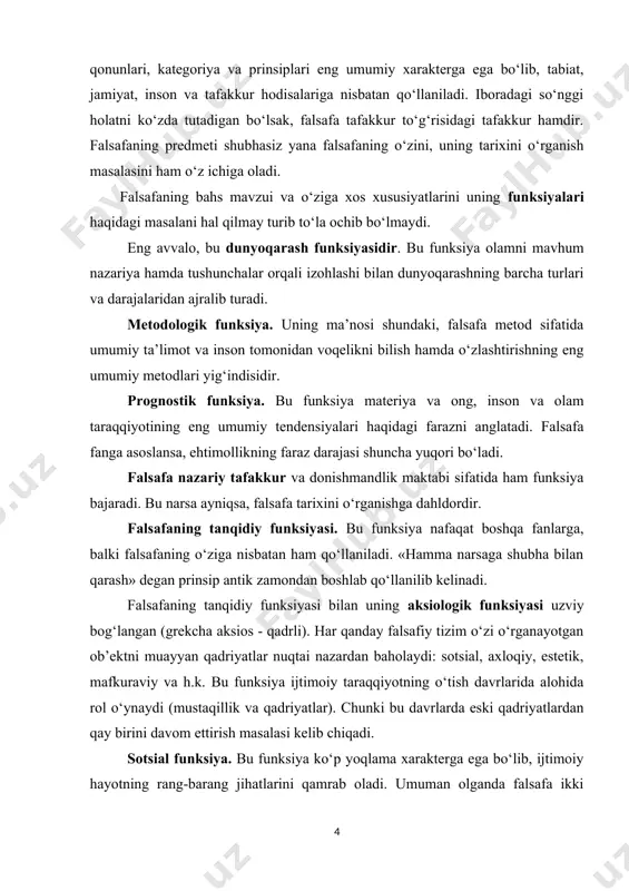 hamma vaqt nazariya bo‘lib, o‘z kategoriyalarini, ularning tizimini, tadqiqot qonuniyatlarini, metodlari va prinsiplarini nazariy ko‘rinishda aks ettirgan. falsafiy nazariyaning o‘ziga xos tomoni shundaki, uning qonunlari, kategoriya va prinsiplari eng umumiy xarakterga ega bo‘lib, tabiat, jamiyat, inson va tafakkur hodisalariga nisbatan qo‘llaniladi. iboradagi so‘nggi holatni ko‘zda tutadigan bo‘lsak, falsafa tafakkur to‘g‘risidagi tafakkur hamdir. falsafaning predmeti shubhasiz yana falsafaning o‘zini, uning tarixini o‘rganish masalasini ham o‘z ichiga oladi. falsafaning bahs mavzui va o‘ziga xos xususiyatlarini uning funksiyalari haqidagi masalani hal qilmay turib to‘la ochib bo‘lmaydi. eng avvalo, bu dunyoqarash funksiyasidir. bu funksiya olamni mavhum nazariya hamda tushunchalar orqali izohlashi bilan dunyoqarashning barcha turlari va darajalaridan ajralib turadi. metodologik funksiya. uning ma’nosi shundaki, falsafa metod sifatida umumiy ta’limot va inson tomonidan voqelikni bilish hamda o‘zlashtirishning eng umumiy metodlari yig‘indisidir. prognostik funksiya. bu funksiya materiya va ong, inson va olam taraqqiyotining eng umumiy tendensiyalari haqidagi farazni anglatadi. falsafa fanga asoslansa, ehtimollikning faraz darajasi shuncha …