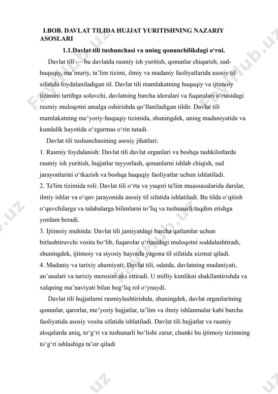 natilgan me’yorlar: davlat tili haqidagi qonunlar va me’yoriy hujjatlar davlat tilini ommalashtirish, rivojlantirish va himoya qilishni ko‘zda tutadi. masalan, "o‘zbekiston respublikasining davlat tili to‘g‘risida"gi qonun, o‘zbek tilining rivojlanishini ta’minlashga qaratilgan huquqiy asos yaratadi. 3. yuridik va ta’lim tizimi: sudlarda, qonunlar, normativ-huquqiy hujjatlarda va boshqa rasmiy hujjatlarda o‘zbek tili ishlatiladi. bundan tashqari, o‘zbek tili ta’lim tizimida asosiy til bo‘lib, barcha umumta’lim maktablarida va oliy ta’lim muassasalarida ta’lim o‘zbek tilida olib boriladi. 4. keng qo‘llanish: davlat tili iqtisodiyot, madaniyat, axborot, ilm-fan va boshqa sohalarda ham keng qo‘llaniladi, bu esa tilning rasmiy va davlat tizimidagi o‘rni muhimligini ta’kidlaydi. shu bilan birga, davlat tilining rivojlanishi va keng tarqalishi uchun davlat doimiy ravishda turli tashabbuslarni amalga oshirib, jamoatchilikni o‘zbek tiliga mehr qo‘yishga chaqiradi. davlat tilining qonunchilikdagi muhim ahamiyati, uning davlat ishlarida va jamiyat hayotidagi turli sohalarda asosiy kommunikatsiya vositasi bo‘lishida namoyon bo‘ladi. quyida davlat tilining qonunchilikdagi ahamiyatini izohlaydigan ba’zi asosiy jihatlar keltirilgan: rasmiy hujjatlar va …