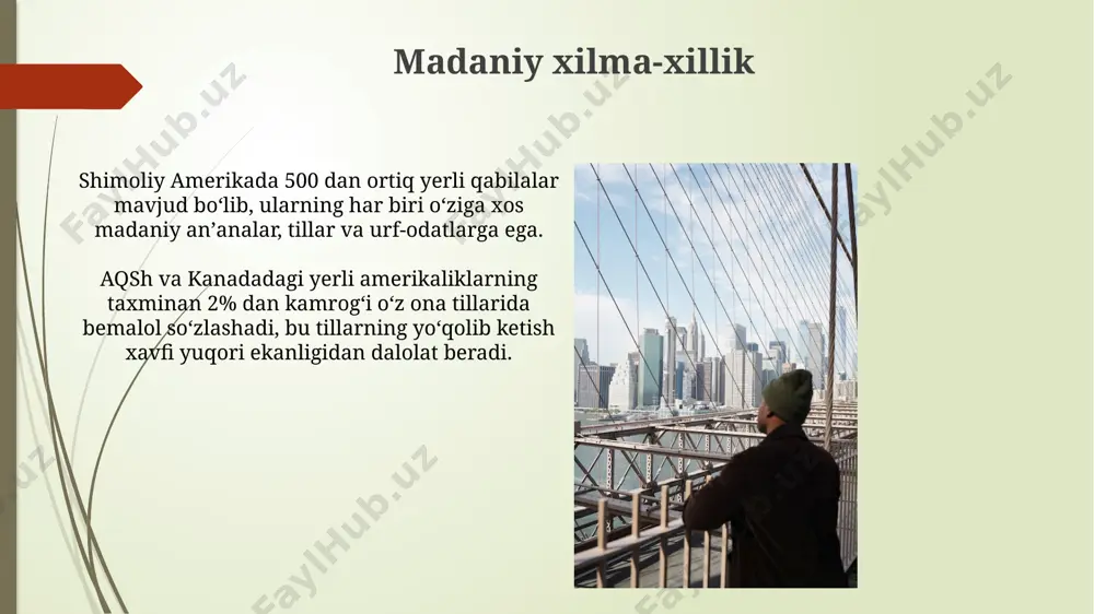 majburiy ta'limni o'z ichiga oladi, bu davlat va xususiy sektor tomonidan moliyalashtiriladi. kanadadagi ta'lim tizimi asosan viloyatlar va hududlar tomonidan boshqariladi, maktabgacha ta'limdan oliy ta'limgacha bo'lgan turli darajadagi ta'lim dasturlarini taklif etadi, o'rtacha 12 yillik majburiy ta'lim bilan. infratuzilma shimoliy amerikada 2022-yilda infratuzilmani rivojlantirishga 1,2 trillion aqsh dollari sarmoya kiritilgan boʻlib, bu transport, energiya va kommunikatsiya tarmoqlarini modernizatsiyalashga qaratilgan. kanada va meksika oʻrtasidagi chegarani kesib oʻtadigan muhim energetika infratuzilmasi, masalan, neft va gaz quvurlari, ikki davlat oʻrtasidagi savdo va iqtisodiy munosabatlarning muhim tarkibiy qismidir. e'tiboringiz uchun rahmat @taqdimot_robot image1.jpg image2.jpg image3.jpg image4.jpg image5.jpg image6.jpg image7.jpg image8.jpg image9.jpg image10.jpg image11.jpg image12.jpg image13.jpg image14.jpg image15.jpg image16.jpg image17.jpg