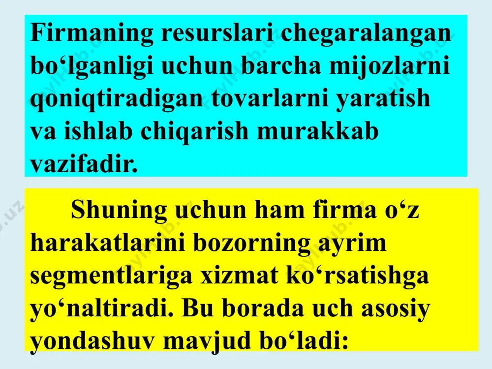 bo‘lishni o‘z ichiga oladi. bu segmentatsiya mijozlarning harakatlari va qaror qabul qilish jarayonlariga asoslangan. misol: tez-tez mahsulot sotib oladigan doimiy mijozlar uchun maxsus sadoqat dasturlari (chegirmalar, bonuslar) joriy qilish mumkin. masalan, supermarketlar xaridorlarga maxsus bonus kartalari berib, tez-tez xarid qilgan mijozlarga qo‘shimcha chegirmalar taqdim etishadi. 17 3-savol maqsadli bozorlarni aniqlash bozor segmentatsiyasi usuli tanlangandan so‘ng turfirma segmentlar yo‘nalishlarini tuzadi va har birining jozibalilik darajasini baholaydi. maqsadli bozorni tanlash paytida uning qancha segmentlarni qamrab olish va unga naf keltiruvchi segmentlarni qanday aniqlash masalalarini yechish zarur bo‘ladi. bozorni qamrab olish strategiyasini tanlab olayotganda quyidagi omillarni hisobga olish kerak: 1 firma resurslari. cheklangan resurslar sharoitida jamlangan marketing strategiyasidan foydalanish kerak; 2 mahsulot bir xilligi darajasi. yagona o‘xshash tovarlarga notabaqalashgan marketing strategiyasi to‘g‘ri keladi. 3 tovar hayot siklining bosqichi. bozor bir xilligi darajasi. agar xaridorlarning didi va xohishi bir xil bo‘lsa, ular bir vaqt ichida bir xil miqdordagi tovarlarni sotib oladilar va bir xil …