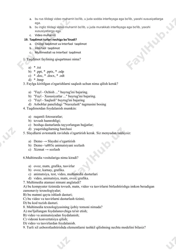 edia texnologiyasining ii bosqichi qachon va kim tomonidan tashkil etildi? a. xx asrning 80 yilning oxirida biznesmen amerikalik bill geys tomonidan b. xx asrning 80 yilning oxirida biznesmen amerikalik vanniver bush tomonidan c. xx asrning 90 yilning oxirida biznesmen amerikalik bill geys tomonidan 13. multimedia texnologiyasining iii bosqichi qachon tashkil etildi? a. 1975 - 1990 yillarning boshlari multimedia texnologiyalari tarqaldi, jumladan matn, grafikalar, raqamli nutq, ovoz yozish, fotosuratlar, animatsiya, videokliplar va boshqalar. b. xx asrning 80 yilning oxirida biznesmen amerikalik bill geys tomonidan c. 1985 - 1990 yillarning boshlari multimedia texnologiyalari tarqaldi, jumladan matn, grafikalar, raqamli nutq, ovoz yozish, fotosuratlar, animatsiya, videokliplar va boshqalar. 14. multimedia mahsulotlar bopzori nimalardan iborat? a. 53% o’yin dasturlari 16% o'quv dasturi 31 % qolganlari b. 84% o’yin dasturlari 16% o'quv dasturi c. 69% o’yin dasturlari 31 % qolganlari 15. taqdimot…..? a. (ing. presentation) ma'lumotni audiovizual vositalar yordamida ko'rgazmali taqdim etishdir. b. multimediali texnologiya; tasvirning …
