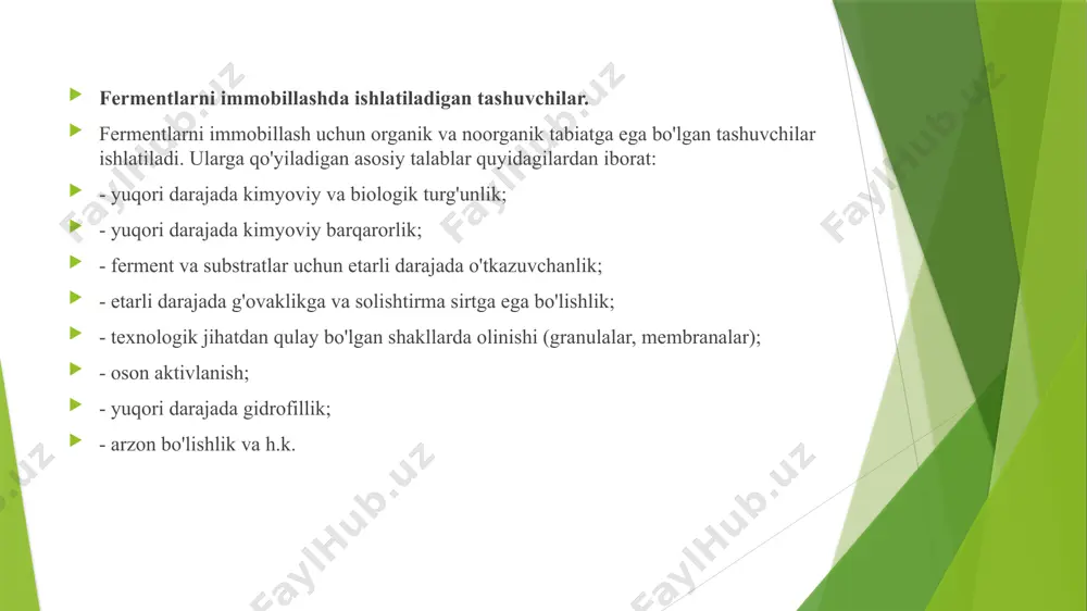 dsorbentga bog'langan oqsillar o'z o'rinlarini ularga bo'shatadilar va o'zlari kolonkadan yuvilib chiqa boshlaydilar. dietilaminoetil (deae) esa karboksimetil (km) tsellyuloza. buferlar metall ionlari, xlor ionlari affinli xromatografiya usuli. biologik faol birikmalar, xususan fermentlar ham ligandlar yoki affinli ligandlar deb nomlanadigan birikmalarga maxsus bog'lanish xususiyatlariga egadir. agarda shunday ligandlarni inert matrisaga kovalent bog'lasa faqat kerakli fermentni ushlovchi va qolgan oqsil va moddalarni o'tkazib yuboruvchi maxsus adsorbentni olish mumkin. agaroza donachalari gel xromatografiya dekstran asosida olingan gellardan foydalaniladi va ular yordamida razmeriga qarab har xil makromolekulalarni tez ajratiladi. gelfiltrasiya jarayonida kolonkadan avval yuqori molekulali moddalar va keyin esa kichik molekulalilari birin-ketin chiqa boshlaydi. dekstranlar (sefadeks larva sefakrillar), poliakrilamid gellaridan (biogellar), akrilamid polimer zangiri epishtirilgan agaroza gellardanus (ultragellar) image4.png image5.emf image6.emf image7.emf image8.emf image9.emf image10.png image11.png image12.png image2.png /docprops/thumbnail.jpeg