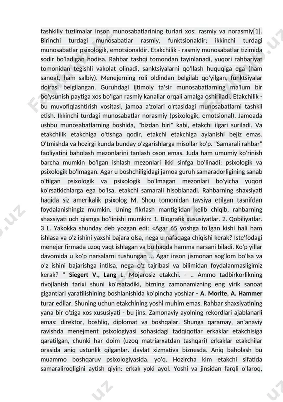 direktor, boshliq, diplomat va boshqalar. shunga qaramay, an'anaviy ravishda menejment psixologiyasi sohasidagi tadqiqotlar erkaklar etakchisiga qaratilgan, chunki har doim (uzoq matriarxatdan tashqari) erkaklar etakchilar orasida aniq ustunlik qilganlar. davlat xizmativa biznesda. aniq baholash bu muammo boshqaruv psixologiyasida, yo'q. hozircha kim etakchi sifatida samaraliroqligini aytish qiyin: erkak yoki ayol. yoshi va jinsidan farqli o'laroq, ijtimoiy-iqtisodiy holat va ma'lumot etakchilik uchun juda muhimdir.[3] vaziyat ta'lim darajasi etakchining karerasida muhim rol o'ynaydi, deb ta'kidlaydi ko'plab mualliflar (l. yakokka, r. maknamara, a. morita). hozirgi vaqtda bizning mamlakatimizda ko'plab menejerlar ikkita mutaxassislik (muhandislik, iqtisodiy va ijtimoiy fanlar) bo'yicha diplomga ega, chet tilini bilish ta'kidlangan. samarali etakchilikning ob'ektiv omillariga jamiyatdagi mavqe kiradi. tadqiqotlar ishg'ol o'rtasidagi to'g'ridan-to'g'ri bog'liqlikni aniq tasdiqlaydi rahbarlik lavozimlari shaxsning ijtimoiy kelib chiqishi va holatidan. f.e. fidler: " eng yaxshi usul kompaniyaning prezidenti bo'lish - kompaniyaga egalik qiluvchi oilada tug'ilish »aksenenko y. n., kasparyan v. n. sotsiologiya va menejment psixologiyasi. - rostov-n tarix ko'p …