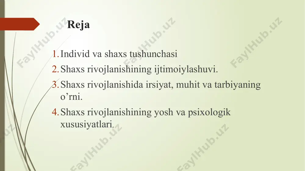 xslaaro- ijtimoiy aloqalar tizimini shakllantirish: -refleksiv- o’z-o’zini anglash, o’z-o’zini baholash, o’z-o’zini loyihalashni qo’llab-quvvatlash orqali 3. shaxs rivojlanishida irsiyat, muhit va tarbiyaning o’rni. insonning shaxs sifatida rivojlanishida ijtimoiy omillarning ta’siri kuchlimi yoki tabiiy omillar yetakchimi. aristotel, platon biologik omillarini yuqori qo’yadi. ular tug’ma imkoniyatlar, taqdir, tole har kimning hayotdagi o’rnini belgilab beradi, deganlar. 16 asrda yuzaga kelgan preformizm oqimi namoyondalari shaxs rivojlanishida naslning roliga katta baho bergan, ijtimoiy muhit va tarbiyani inkor etadi. xorij psixologiyasidagi yana bir oqim bixeviorizm oqimi. u 20 asrda yuzaga kelgan. mazkur ta’limot vakili amerikalik olim e. torndayk. uning namoyondalari aqliy qobiliyat nasldan naslga o’tadi. pragmatizm oqimi vakillari d.dyui, a. kombe. ular ham rivojlanishni nasliy omilga bog’laydilar. demak, bir guruh olimlar rivojlanishni biologik (nasliy) omillarga bog’laydilar. falsafiy oqim vakillari rivojlanishni ijtimoiy omillarga belgilaydilar. muhit deganda odam yashaydigan sharoitdagi barcha tashqi ta’sir tushuniladi. shaxs rivojlanishi uchun biologik omil, ijtimoiy muhit va maqsadga muvofiq amalga oshirilgan tarbiya birdek ahamiyatga …