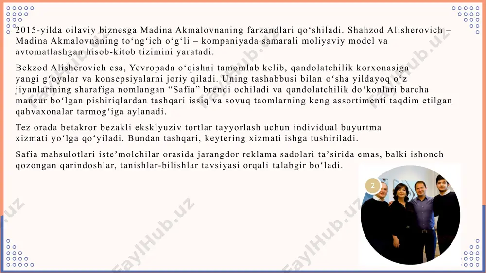 к успеху японских компаний" nomli kitobini o'qiydi. unga kaizen tizimida taraqqiyotga bosqichma-bosqich e'tibor qaratilishi, yapon qadriyatlari, ishchilik ya'ni ishga oid munosabatlari umuman olganda tizimi juda yoqadi. keyin oila a'zolariga shu tizim bo'yicha mutaxassis-konsultant chaqirish taklifini beradi. juda qimmat narxga kelishini aytganida, uydagilar dastlab qarshi bo'lishadi. keyin mutaxassisni chaqirganlaridan so’ng va taklif qilingan tizim jamoa qadriyatlariga to'g'ri kelgani uchun oilasiga yoqqan. safia kompaniyasi oxirgi 2.5 yildan buyon ushbu tizimda faoliyat yuritib kelmoqda. kaizen tizimi bu kichik o'zgarishlar bilan katta yutuqlarga erishishdir.kaizen (yap. 改善) „yaxshilanish“ deb oʻgiriluvchi yaponcha soʻz boʻlib, ishlab chiqarish, muhandislik, tadbirkorlik kabi faoliyatlar falsafasi va amaliyotining surunkali yaxshilanishni tadbiq etuvchi turiga aytiladi. “ushbu tizimni qo’llaganimizdan so’ng kompaniya samaradorligi 40-50 barobar oshdi. kaizenda muammolarni bartaraf etishda ularga “xush keldingiz muammolar“ shaklida yaqinlashiladi. xodimlarga ishonch, ularni rag'batlantirish lozim. birgina xato bilan ishidan maxrum qilish bu noto'g'ri. xato qilish bu tabbiy narsa. xodimlarga xato qilishiga, xatodan dars olishiga va bunga to'g'ri yechim …