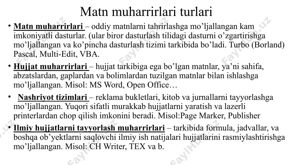 ramzlar ketma-ketligi. abzats – o’zaro enter bilan azratilgan satr va ramzlar to’plami. sahifa – sahfani bo’lish chiziqlari bilan chegaralangan matn bo’lagi. kolontitul real sahifa mantiqiy sahifa o’ng maydon kolontitul – ma’lumot shaklidagi axborotni saqlovchi doimiy takrorlanuvchi matn real sahifa – qog’oz sahifasi o’lchami. mantiqiy sahifa – matnni chop qilish uchun mo’ljallangan sahifa qismi. maydon – qog’oz sahifasi atroflaridan ajratilgan chegara. sahifa ko’rinishi (ориентация) matnni tahrirlash srift – ramzlarning biror aniqlikdagi qiyaligi. times new roman algerian broadway harlow solid italic matura mt script capitals swis721 blkoul bt shrift o’lchami shrift o’lchami – boshqachasiga kegl deb ataladi. kegl (sriftning shartli o’lchami) – ramzlarning eng quyi niqtasidan eng yuqori nuqtasigacha bo’lgan masofa. kegl punkt o’lchov birligi yordamida o’lchanadi. 1 punt= ~0,035 sm ~0,35 mm ga teng. ramzlar qiyaligi va ko’rinishi yo’g’on (жирный) qiya (курсив) tagi chizilgan (подчеркнутый) usti chizilgan (зачеркнутый) quyi yuqori index soya (тень) matnni kiritish va formatlash qoidalari smaradorlikni oshirish uchun …