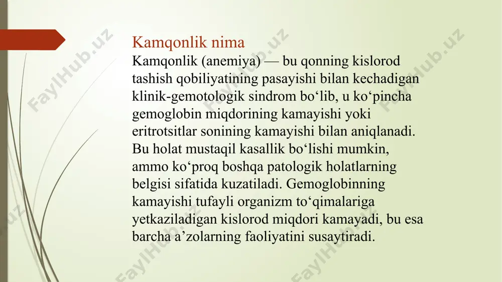 mmun, infeksion) omillar bilan bog‘liq bo‘lishi mumkin. sabablari: irsiy sferotsitoz, talassemiya, orak hujayrali anemiya autoimmun gemolitik anemiya infeksiyalar (malarialar) toksinlar, dorilar, kuyishlar belgilar: sariqlik (bilirubin ko‘tarilishi) qorinning chap yuqori sohasida og‘riq (taloq kattalashuvi) qizil peshob (gemoglobinuriya) aplastik anemiya suyak ko‘migi faoliyatining to‘xtashi bilan bog‘liq kamqonlik bo‘lib, eritrotsitlar bilan birga leykotsitlar va trombotsitlar ham kamayadi (pansitopeniya). sabablari: radiatsiya, kimyoviy moddalar, sitotoksik dorilar viruslar (ebv, parvovirus b19, gepatit) idiopatik (aniqlanmagan sababli) belgilar: kamqonlik belgilariga qo‘shimcha — infeksiyalarga moyillik, qon ketishga moyillik tahlillar: past gemoglobin, past leykotsit va trombotsitlar, suyak ko‘migidagi hujayralar sonining kamayishi. kamqonlikning rivojlanish mexanizmi bir necha yo‘nalishda kechishi mumkin: 1. eritrotsitlar yetarli darajada hosil bo‘lmasligi 2. eritrotsitlar ko‘p miqdorda parchalanishi (gemoliz) 3. qon ketish (ichki yoki tashqi) natijasida yo‘qotilish har bir holatda gemoglobin darajasi kamayadi, bu esa to‘qimalarga kislorod yetkazilishining buzilishiga olib keladi. natijada gipoksiya yuzaga kelib, umumiy metabolizm va hujayra faoliyati izdan chiqadi. kamqonlikning rivojlanish bosqichlari 1. temir zaxiralarining …
