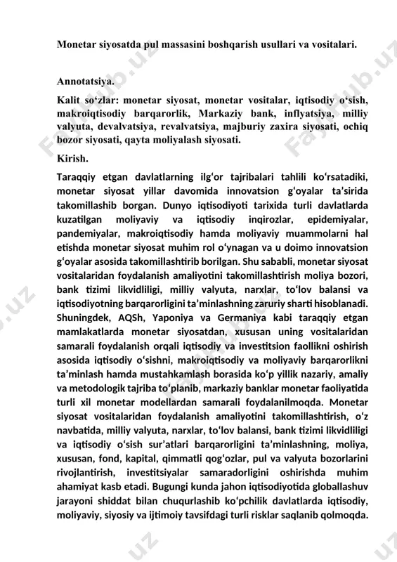 bugungi kunda jahon iqtisodiyotida globallashuv jarayoni shiddat bilan chuqurlashib ko‘pchilik davlatlarda iqtisodiy, moliyaviy, siyosiy va ijtimoiy tavsifdagi turli risklar saqlanib qolmoqda. globallashuv dunyo miqyosida iqtisodiyot, bank-moliya tizimi faoliyatini tubdan o‘zgartirib yubordi, jumladan, markaziy banklar, tijorat banklari, nobank kredit tashkilotlari va real soha korxonalari faoliyati raqamli texnologiyalar asosida innovatsion yo‘nalishda shiddat bilan rivojlanib bormoqda. ayniqsa, qayta tiklanadigan energiya manbaalaridan, xususan shamol tegirmonlari, quyosh batareyalaridan va yashil vodoroddan arzon elektr energiya olish kabi jarayonlar keng joriy qilinmoqda. jumladan, 2022—2026 yillarga mo‘ljallangan yangi o‘zbekistonning taraqqiyot strategiyasida yettita ustuvor yo‘nalishdan biri sifatida milliy iqtisodiyotni jadal rivojlantirish va yuqori o‘sish sur’atlarini ta’minlash masalasi alohida e’tirof etilgan [1]. ta’kidlash joizki, o‘zbekiston respublikasi markaziy banki tomonidan amalga oshirilayotgan monetar siyosatni takomillashtirish orqali uning makroiqtisodiy barqarorlikni mustahkamlashdagi rolini oshirish bilan bog‘liq bo‘lgan muammolar mavjud. ulardan asosiylari, fikrimizcha, quyidagilardan iborat. jumladan, markaziy bank diskont siyosatining mavjud emasligi, markaziy bank ochiq bozor operatsiyalari hajmining kichikligi, majburiy zaxira stavkalarining, inflyatsiya va …