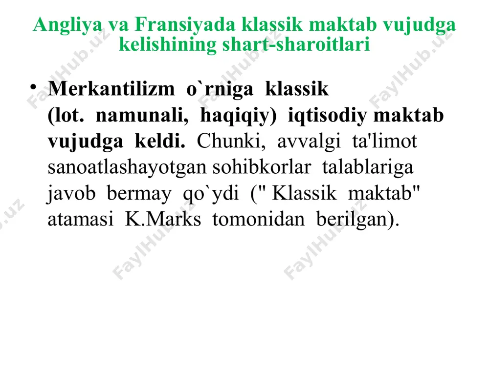 va unga sarflangan qishloq xo‘jaligi ishlab chiqarishida band bo‘lgan kishilarning mehnati hisoblanadi. sinflar nazariyasi f.kene o‘zi ishlab chiqqan unumlilik qoidasiga asoslangan holda jamiyatni uch sinfga ajratib ko‘rsatadi: unumli sinf, unumsiz sinf, mulkdorlar sinfi unumli sinf - bu sinfda qishloq xo‘jaligida ish bilan band bo‘lgan barcha kishilar, dehqon va fermerlar kiradi. ular sof mahsulot yaratadilar. unumsiz sinf va mulkdorlar sinfi unumsiz sinf bular hunarmandlar, ishchilar, savdogarlar, xizmatkorlar, to‘ralar, ya’ni dehqonchilikdan boshqa sohada ish bilan band bo‘lgan kishilar. mulkdorlar sinfi yer egalari, unga qirol va ruhoniylar ham kiradi. mulkdorlar tomonidan olinadigan daromad bu ularning oldin qilgan xarajatlari uchun in’om. kapital nazariyasi iqtisodiy fikrlar tarixida capital to'g'risidagi birinchi chuqur nazariy tushunchani f.kene ilgari surdi. uning atamasi bo‘yicha qishloq xo‘jaligi qurollari, qurilishlari, mollari, hayvonlari va dehqonchilikda bir necha ishlab chiqarish sikllarida foydalaniladigan barcha narsalar «dastlabki avanslar» deyiladi ann tyurgo f.kenening g'oyalari ann tyurgo (1727-1781-yy.) tomonidan davom ettirildi va rivojlantirildi. a.tyurgo o‘zining «boylikning yaratilishi va …