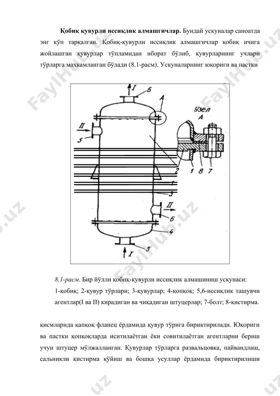лиги ошиб, пастга қараб ҳаракат қилади. бундан ташқари, муҳитларнинг бу йўналишида 8.2-расм. қувурларни қувур тўрларига бириктириш усуллари: а) развальцовка; б) ариқчалар орқали развальцовка қилиш; в) пайвандлаш; г) сальникли қистирма қўйиш. уларнинг тезликлари бир хил тақсимланиб, ускунанинг кўндаланг кесимида иссиқлик алмашиниш ўзгармас бўлади. агар муҳитларнинг йўналиши аксинча бўлса, яъни иситувчи агент ускунасининг пастки қисмидан қувурлар ва қобиқ оралиғидаги бўшлиққа ва иситилаётган муҳит иситкичнинг юқориги қисмидаги қувурларга берилса, у ҳолда буғ иссиқлигини бериб совиши натижасида унинг зичлиги ошиб юқорига кўтарилмайди. натижада пастки қувурлар билан қобиқ орасидаги бўшлиқда кондесат тўпланиб, буғнининг бу бўшлиқ орасидан ўтиши қийинлашади ва иссиқлик алмашиниш жараёнининг тезлиги камаяди. бу иссиқлик алмашгичларда суюқликларнинг сарфи кам бўлганда уларнинг қувурлардаги тезлиги анча кичик бўлиб, натижада иссиқлик алмашиниш коэффициенти ҳам кам бўлади. иссиқлик ташувчи агентларнинг тезлигини ошириш учун кўп йўлли иситкичлар ишлатилади. 2 i ii i i 1 ii i ii ii 2 8.3-расм. кўп йўлли (қувурлар ичидаги бўшлиқ бўйича) иссиқлик алмашгич: 1-қопқоқ; …