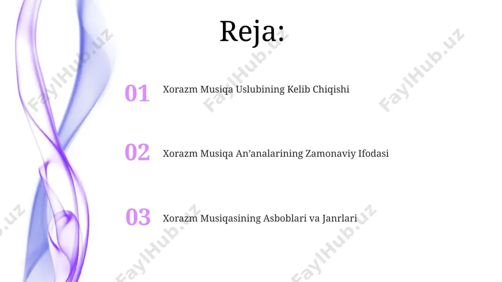 nomlanuvchi 3/4 ritmli kuy turlari, tezkor temp va jo‘shqin melodik chiziqlar bilan ajralib turadi va ko‘pincha to‘ylar va bayramlarda ijro etiladi. xorazm shashmaqomiy maqomlarining melodik diapazoni keng bo‘lib, 2 oktavadan ortiq notalarni qamrab oladi va mahalliy cholg‘ular, masalan, dutar va doira bilan ijro etiladi. xorazm musiqasida 7/8 va 5/8 kabi murakkab ritmik tuzilmalar keng qo‘llaniladi, bu esa ushbu mintaqaning musiqiy an’analarini boshqa hududlardan, masalan, buxoro yoki samarqand musiqasidan farqlaydi. xorazm musiqa uslubining tarixiy ildizlari xorazm musiqa uslubining ildizlari miloddan avvalgi 2-ming yillikka borib taqaladi, shu davrga oid arxeologik topilmalar, xususan, margʻilon va xiva yaqinlaridagi qazishmalar, musiqa asboblari qoldiqlari bilan tasdiqlanadi. 15-18-asrlarda buxoro va samarqand taʼsiriga qaramay, xorazm musiqa maktabi oʻzining noyob ijro usullari, 5-7 kishidan iborat ansambllar va mahalliy ashulalari bilan ajralib turdi. 9-12-asrlarda xorazmda rivojlangan shoʻx va joʻshqin musiqa anʼanalari, ayniqsa, maqomlarning shakllanishiga sezilarli taʼsir koʻrsatib, oʻziga xos xorazm uslubini vujudga keltirdi. xorazm ashula va qoshiqlarining tematikasi хоразм ашула …