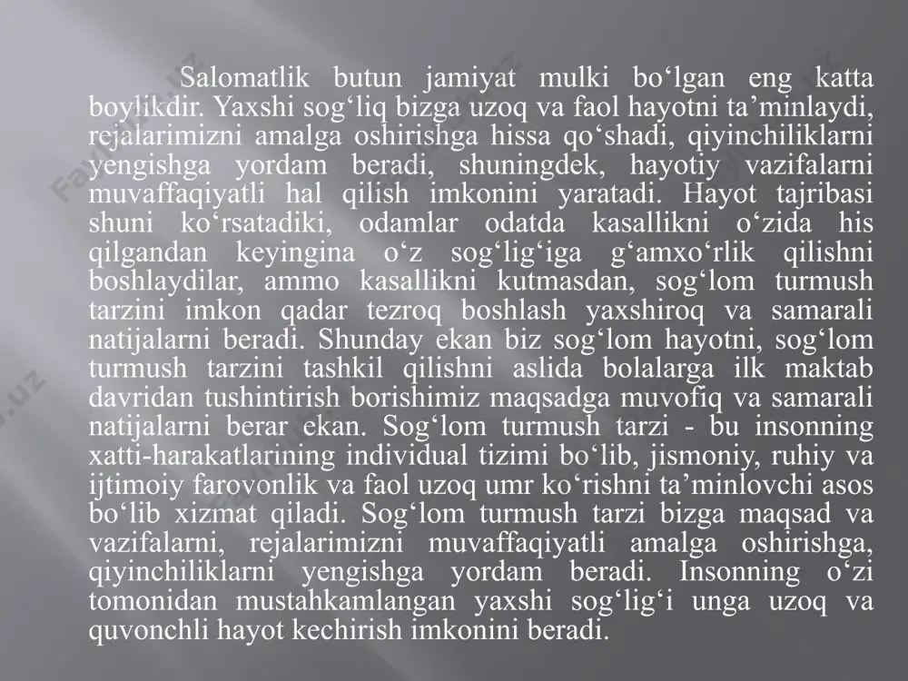 rgatishiniz mumkin bo‘ladi. sog‘lom turmush tarzi - bu faol mehnat qilish, ijod og‘ushida yashash, kuchli jismoniy va ruhiy zo‘riqishlarni, o‘ta xavfli va zararli ta’sir ko‘rsatuvchi omillarni yengil ko‘tara oladigan har tomonlama taraqqiy etgan shaxsning shakllanish jarayoniga aytiladi. o‘zbekiston respublikasining ijtimoiy va iqtisodiy taraqqiyoti o‘sib va rivojlanib borayotgan hozirgi davrda sog‘lom turmush tarzining ijtimoiy-gigienik mezonlarini aniq belgilab olishning ahamiyati juda kattadir. har bir inson o‘z tana a’zolarining zahiraviy imkoniyatlarini oshirish uchun, ularni muntazam ravishda chiniqtirib borishi lozim. salomatlik zahiralarini yaratish uchun sog‘lom turmush tarzining quyidagi qoidalariga amal qilish tavsiya etiladi: • muntazam ravishda jismoniy tarbiya va jismoniy mehnat bilan shug‘ullanish. haftada organizmga kamida 6 soat jismoniy yuklama berish; • me’yoriy aqliy va jismoniy yuklama bilan ishlash, kuchli aqliy mehnatdan so‘ng faol dam olish. mehnat bilan dam olishni galmagal va mazmunli tashkil qilish; • ratsional va tarkib jihatdan tenglashtirilgan ovqatlanish, ortiqcha vazndan qutilish, hayvon yog‘lari, qand va shirinliklarni iste’mol qilishini chegaralash; • …