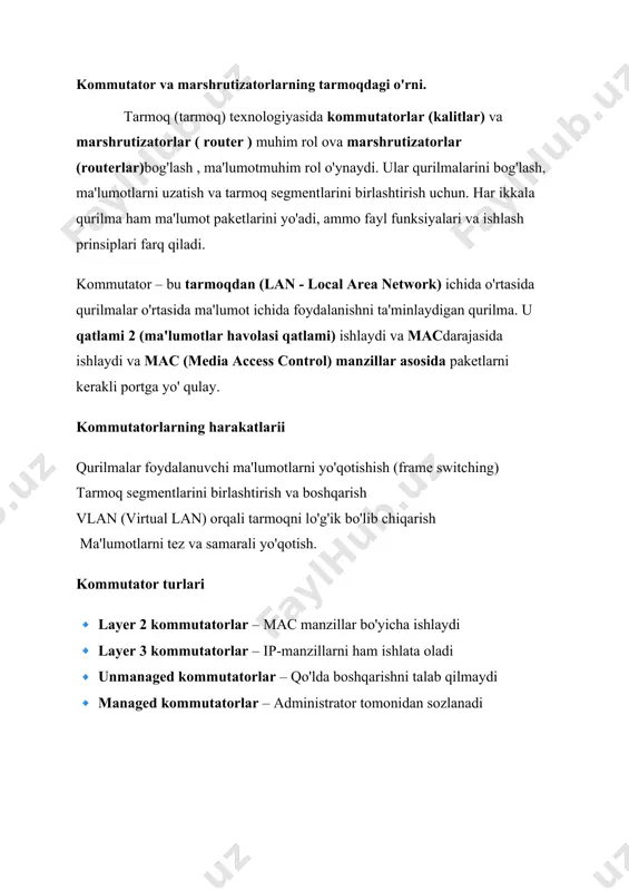 li tarmoqlar o'rtasida ma'lumot uzatish va internetga chiqishni ta'minlovchi qurilma . u layer (network layer 3) darajasida va ip manzillar asosidagi paketlarni yo'qotadi. marshrutizatorlarning mualliflari ip - manzillar asosida marshrut internetga ulanishni xavfsizlik turli tarmoqlarni birlashtirish (lan, wan) ip- manzillar asosida marshrutizatsiya qilish internetga ulanishni ta'minlash (nat – network address translation) saqlash funktsiyalarini o'rnatish (firewall, acl, vpn) marshrutizator qanday ishlaydi? marshrutizator ip-manzillar asosidagi paketlarni yo'qotishadi va routing jadvali yordamida eng samarali yoyordamida eng samarali yo'lni tanlaydi. u tarmoq chegaralarida ishlaydi va internet yoki boshqa segmentlarga chiqishni boshqaradi. misol : 1️. kompyuterdagi internet serverga paket jo'natadi 2️.kommutator paketni marshrutizatorga uzatadi 3️. marshrutizator paketni internetga etkazib beradi (nat ishlaydi) 4️.internetdagi server javob qaytaradi va marshrutizator paketni qaytaradi. kommutator va marshrutizatorlarning farqlari kommutator va marshrutizator qanday ishlaydi? ko'p tarmoqda kommutator va marshrutizator ishlaydi . kommutator ichki tarmoqni boshqaradi, marshrutizator esa internet va boshqa tarmoqlarga yo'qotishadi. misol: korporativ tarmoq arxitekturasi lan →→ kompyuterlar, printerlar …