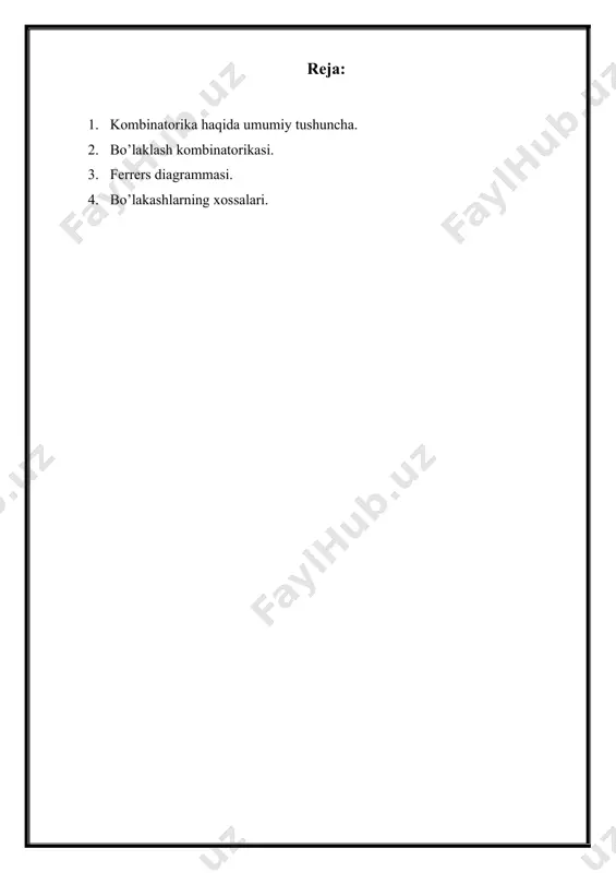 torika asoslari bilan tanishmasdan mumkin bo’lmaydi. «kombinatorika» atamasi matematikaga leybnits tomonidan kiritilgan bo’lib, uni 1666 yilda chop etilgan «kombinatorika san’ati to’g’risida mulohazalar» nomli kitobida birinchi marta qo’llagan edi. kombinatorik masalalar nafaqat matematika go’zalligini ko’rsatishga, balki amaliy matematik masalarni yechishda yangi kompyuter texnoogiyalarining imkoniyatlarini ko’rsatishga imkon beradi. diskret matematikaning masalalaridan hisoblangan kombinatorik masalalar ko’pincha ob’ektlarning turli kombinatorik konfiguratsiyalarini tanlashga va ular orasidan u yoki bu masala shartigav nuqtai nazaridan eng yaxshisini tanlashga olib kelinadi. shuning uchun keng tarqalgan kombinatorik konfiguratsiyalarni hosil qilish algoritmlarini bilish masalani butunlay muvaffaqiyatli yechishning zarur sharti hisoblanadi. ushbu kurs ishida matematika o’qitishda kombinatorika elementlarini o’rganish samaradorligini oshirish maqsadida kombinatorika fanining asosiy 5 tushunchalari, kombinatorikani o’rganish xususiyatlari, o’qitish jarayonida kombinatorika elementlarini o’rgatish bilan birga o’quvchilarning ijodiy faolligini oshirish bo’yicha uslubiy tavsiyalar bayon etilgan. reja: 1. kombinatorika haqida umumiy tushuncha. 2. bo’laklash kombinatorikasi. 3. ferrers diagrammasi. 4. bo’lakashlarning xossalari. kombinatorika asoslari kombinatorik masalalar va tartiblangan to’plamlar. kombinatorika predmeti va …