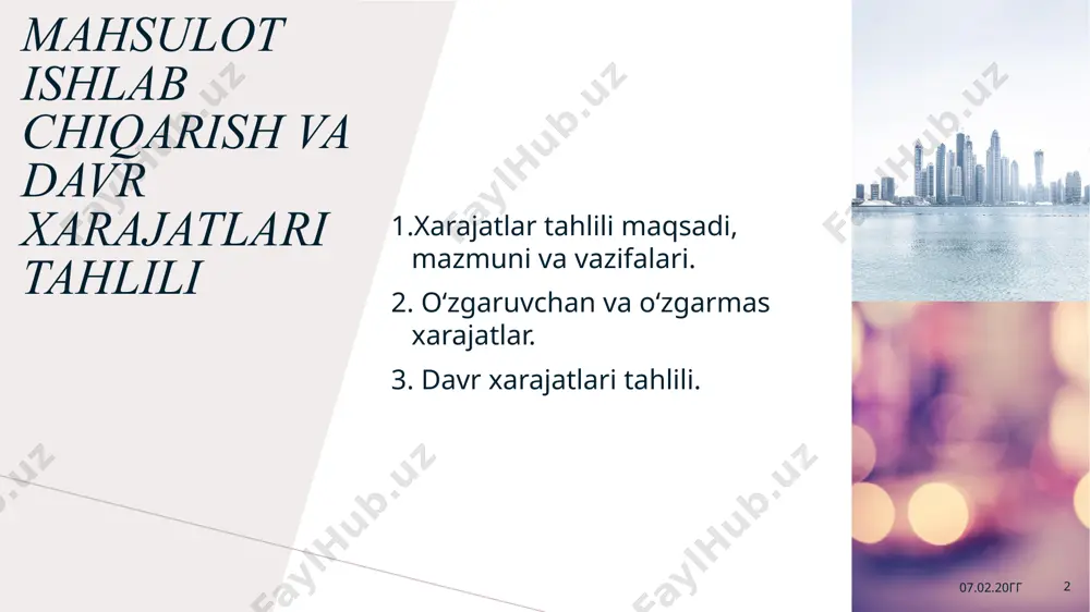 tlarning qiymat nazariyasiga koʻra, ishlab chiqarish xarajatlar quyidagi turlarga boʻlinadi: doimiy harajatlar: — korxona toʻlov majburiyatlari, soliqlar, amortizatsiya ajratmalari, ijara haqi, qoʻriqlash xizmati harajatlari, boshqaruv xodimlari maoshi va b; oʻzga-ruvchan harajatlar: — xom ashyo, materiallar, yonilgʻi, transport xizmati, ishchilar ish haqi va shu kabilar uchun harajatlar. umumiy (yalpi) harajatlar — doimiy va oʻzgaruvchan harajatlar yi-gʻindisi. bevosita i.ch. harajatlari — konkret mahsulot ishlab chiqarishga ketgan va bevosita uning tannarxiga oʻtadigan harajatlar. bilvosita harajatlar — mahsulot tannarxiga bevosita qoʻshilmaydigan harajatlar. oʻrtacha harajatlar — maʼlum vaqt orali-gʻidagi mahsulot birligiga, tovarlar partiyasi boʻyicha yoki tashkilotlar gu-ruqi boʻyicha bir buyumga toʻgʻri keladigan harajatlarning oʻrtacha kattaligi. ekspluatatsiya (foydalanish) harajatlari — uskunalar, mashinalar, transport, i.ch. vositalarini va kundalik foydalaniladigan xoʻjalik buyumlarini ishlatish bilan bogʻliq boʻlgan harajatlar . 07.02.20гг 6 07.02.20гг 7 xarajatlar turlari. doimiy va o'zgaruvchan xarajatlar nima har bir biznesning xarajatlari bor. agar ular yo'q bo'lsa, unda bozorga chiqariladigan mahsulot yo'q. biror narsa ishlab chiqarish uchun …