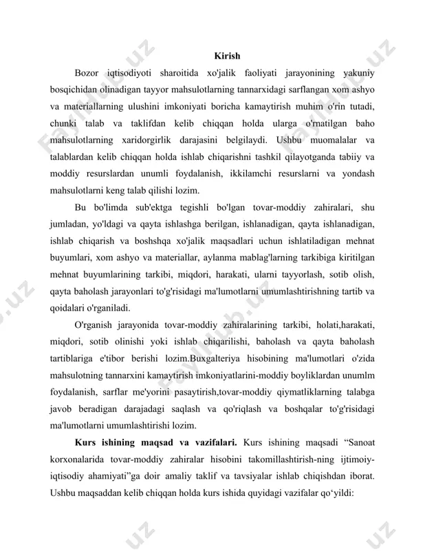 r hisobini takomillashtirish-ning ijtimoiy-iqtisodiy ahamiyati”ga doir amaliy taklif va tavsiyalar ishlab chiqishdan iborat. ushbu maqsaddan kelib chiqqan holda kurs ishida quyidagi vazifalar qo‘yildi: - tan olish paytini aniqlash, tasniflash, balans qiymatini baholash - tovar-moddiy zaxiralar qiymatini realizasiya qilishning sof qiymatiga qadar kamaytirish (baholash); - tmz chiqib ketishidan moliyaviy natijalarni aniqlash hamda moliyaviy hisobotda ular bo‘yicha axborotni yoritib berish tartibi - tashkilotga aktiv bilan bog‘liq kelgusidagi iqtisodiy naf kelishiga ishonch mavjud bo‘lsa; -aktiv qiymatini ishonchli baholash mumkin bo‘lsa; · - ularga bo‘lgan mulk huquqi o‘tsa. kurs ishining tarkibi va hajmi. kurs ishi tarkiban kirish, uchta reja, xulosa va foydalanilgan adabiyotlar ro‘yxatidan iborat. 1.tovar-moddiy zahiralari haqida tushuncha tovar-moddiy zaxiralar - faoliyat yuritish jarayonida keyinchalik sotish maqsadida saqlab turiladigan va ishlab chiqarish jarayonida bo‘lgan, shuningdek, mahsulot ishlab chiqarish, ishlarni bajarish yoki xizmatlar ko‘rsatish jarayonida yoki ma'muriy va ijtimoiy-madaniy vazifalarni amalga oshirish uchun foydalaniladigan moddiy aktivlardir. materiallar - ishlab chiqarish jarayonida o‘zining qiymatini to‘la …