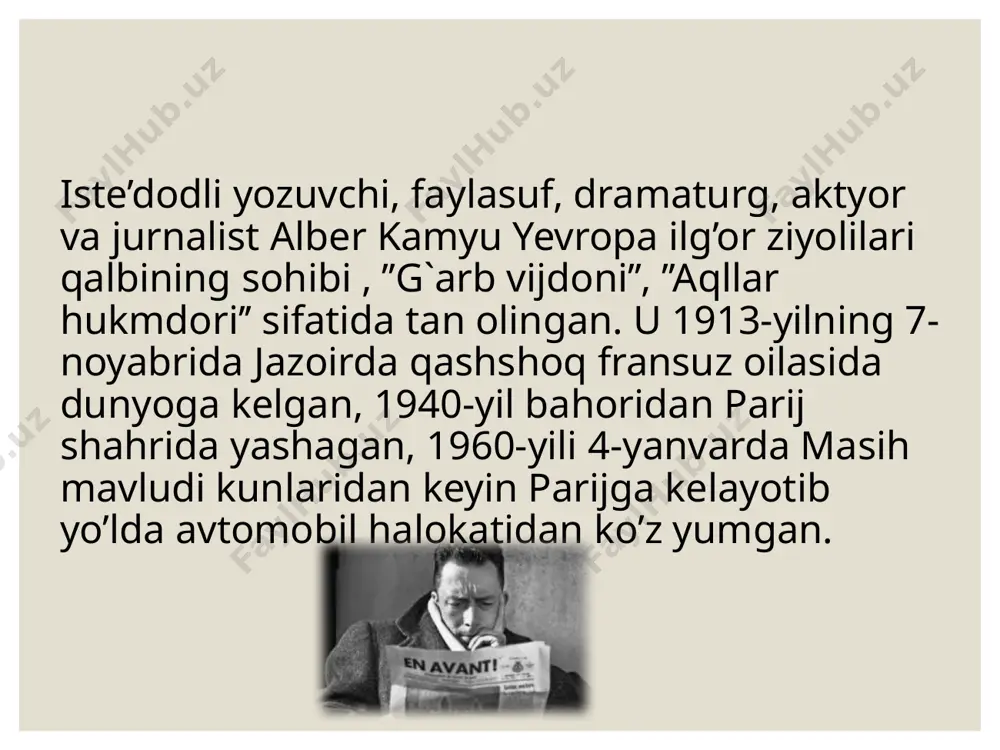 olov yomg’ir quyulib tushganday tuyuldi. lingvistik tahlil 1.frazeologizm 1.mari bo’zday oqarib ketdi. 2.menga qarab: -hozir bunga rasm solaman. 3.lekin u birdan boshini ko’tardi va ko’zlarini to’g’ri menga qadadi: -nega doim meni ko’rishdan bosh tortasiz. 4.xuddi shunday daqiqada men kashishni qabul qilishdan yana bosh tortdim. 5.salgina shitir ham meni eshikka uloqtiradi va qulog’imni yog’ochga bosib, juda uzoq, jazavam tutib shuncha uzoq ko’tardimki ,oxiri o’zimning nafas olishimdan qo’rqib ketardim, nafasim xuddi ta’qib qilinayotgan itnikiday baland, xirrilab chiqardi,-baribir,mana,yuragim yorilmay qoladi va men yana 24 soatni qo’lga kiritaman. asarda 20 dan ortiq frazeologizm uchraydi. kasb-hunarga oid so’zlar 1.mudir 2.baqqol 3.xizmatchi 4.mirshab 5.vodoporovodchi 6.kashish joy nomlari 1.jazoir 2.parij 3.chexoslovakiya 4.maringoda 5.lion ko’chasi asardagi milliy kolorit dafn marosimi o’tkazilish lavhalari mayda elementlarigacha ko’rsatilgan. dafn marosimida azadorning qora galstuk taqishi udumi tasvirlangan. asardagi tugun merso xonimning vafot etishi asar kulminatsiyasi merso va tergovchi suhbati tergovchi menga diqqat bilan, ma’yusona termildi va to’ng’illadi: -siznikiday tosh qotgan yurakni shu …