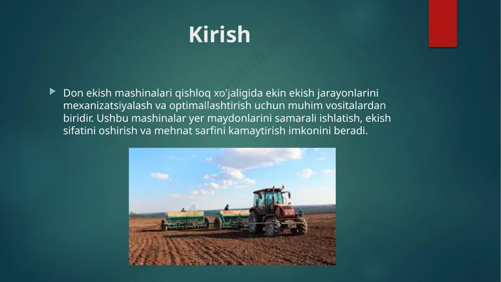 larni almashtirish. foydalanish qo'llanmasiga rioya qilish: mashina ishlatish bo'yicha ishlab chiqaruvchi ko'rsatmalariga amal qilish. don ekish mashinalarining zamonaviy innovatsiyalari gps tizimi yordamida boshqaruv. urug' miqdorini avtomatik sozlash texnologiyasi. tuproqning fizik holatini tahlil qiluvchi sensorlar. iot (internet of things) tizimlari bilan integratsiya. xulosa don ekish mashinalari qishloq xo'jaligidagi muhim texnologik yutuqlardan biri bo'lib, ular mehnat samaradorligini oshirish, resurslarni tejash va sifatli ekish jarayonlarini amalga oshirish imkonini beradi. zamonaviy texnologiyalarni qo'llash orqali ushbu mashinalar yanada samarali va qulay bo'lib bormoqd image6.jpeg image2.png image3.png image4.png image5.png /docprops/thumbnail.jpeg