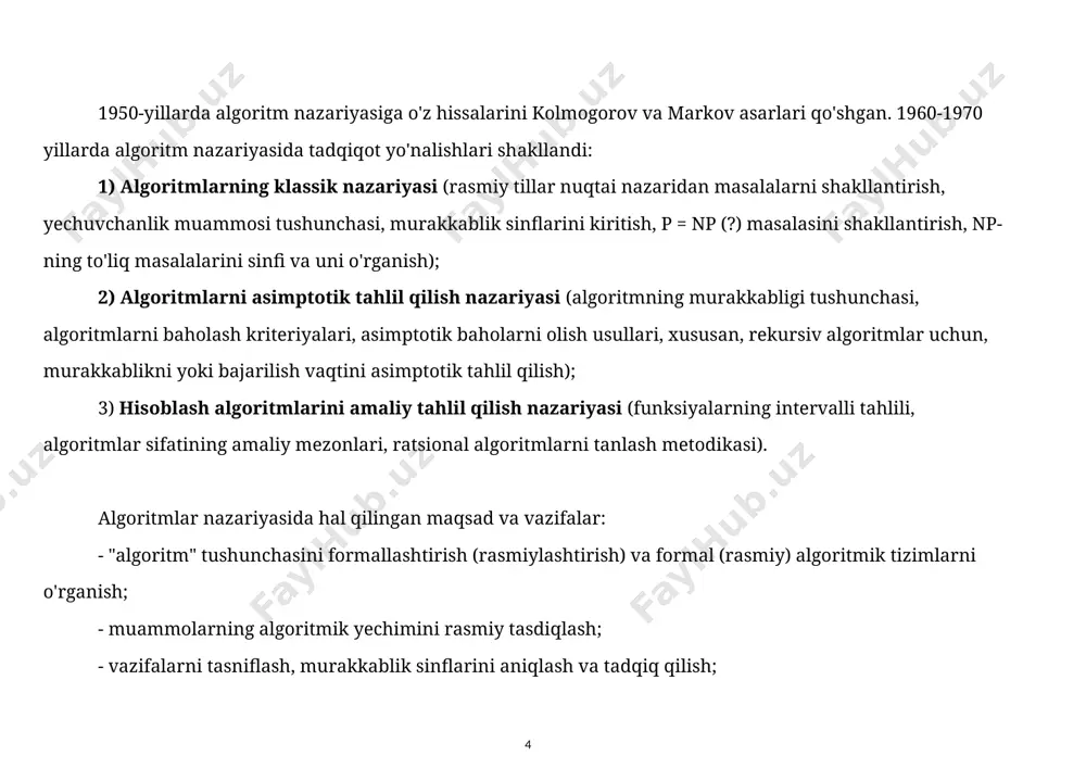 r bir ijrochining bajara olishi mumkin bo’lgan ko’rsatmalar tizimi mavjud. 3-xossa. aniqlik, ya’ni ijrochiga berilayotgan ko’rsatmalar aniq mazmunda bo’lishi lozim hamda faqat algoritmda ko’rsatilgan tartibda bajarilishi shart. 4-xossa. ommaviylik, ya’ni har bir algoritm mazmuniga ko’ra bir turdagi masalalarning barchasi uchun yaroqli bo’lishi lozim. masalan, ikki oddiy kasr umumiy maxrajini topish algoritmi har qanday kasrlar umumiy maxrajini topish uchun ishlatiladi. 5-xossa. natijaviylik, ya’ni har bir algoritm chekli sondagi qadamlardan so’ng albatta natija berishi lozim. bu xossalar mohiyatini o’rganish va konkret algoritmlar uchun qarab chiqish talabalarning xossalar mazmunini bilib olishlariga yordam beradi. algoritmning tasvirlash usullari haqida gapirganda algoritmning berilish usullari xilma-xilligi va ular orasida eng ko’p uchraydiganlari quyidagilar ekanligini ko’rsatib o’tish joiz: 1. algoritmning so’zlar orqali ifodalanishi. 2. algoritmning formulalar yordamida berilishi. 3. algoritmning jadval ko’rinishida berilishi, masalan, turli matematik jadvallar, loteriya yutuqlari jadvali, funksiyalar qiymatlari jadvallari bunga misol bo’ladi. 4. algoritmning dastur shaklida ifodalanishi, ya’ni algoritm kompyuter ijrochisiga tushunarli bo’lgan dastur …