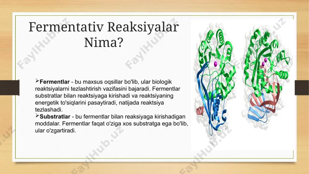bu holatni michaelis-menten modeli bilan tushuntirish mumkin. fermentativ reaksiyalar tezligiga ta'sir etuvchi omillar d) ferment konsentratsiyasi ta'siri: ferment konsentratsiyasi ortishi reaktsiya tezligini oshiradi. bu, ko'proq ferment molekulalarining mavjudligi bilan bog'liq. reaktsiyaning boshlanishida, ko'proq fermentlar ko'proq substratlar bilan bog'lanadi va natijada tezlik ortadi. biroq, yuqori ferment konsentratsiyasi ham ma'lum bir chegaraga ega, chunki substratlar cheklangan va barcha fermentlar substrat bilan bog'lana olmaydi. fermentativ reaksiyalar tezligiga ta'sir etuvchi omillar e) inhibitorlar (to'xtatuvchilar) ta'siri: inhibitorlar - bu moddalardir, ular fermentning faoliyatini to'xtatadi yoki sekinlashtiradi. raqobatlashuvchi inhibitorlar substrat bilan bir xil bog'lanish joyiga ega bo'lib, fermentning faoliyatini sekinlashtiradi. no-raqobatlashuvchi inhibitorlar fermentning faol markaziga bog'lanib, uning faolligini pasaytiradi, lekin substrat bilan bog'lanish joyida o'zgarish yuz bermaydi. unitar inhibitorlar - bu inhibitorlar fermentning tuzilishini o'zgartirib, uning faoliyatini to'xtatadi. fermentativ reaksiyalar tezligiga ta'sir etuvchi omillar f) aktivatorlar (faollashtiruvchilar) ta'siri: aktivatorlar - bu moddalardir, ular fermentlarning faoliyatini tezlashtiradi. bu odatda metal ionlari (masalan, mg²⁺, fe²⁺, zn²⁺) yoki boshqa …