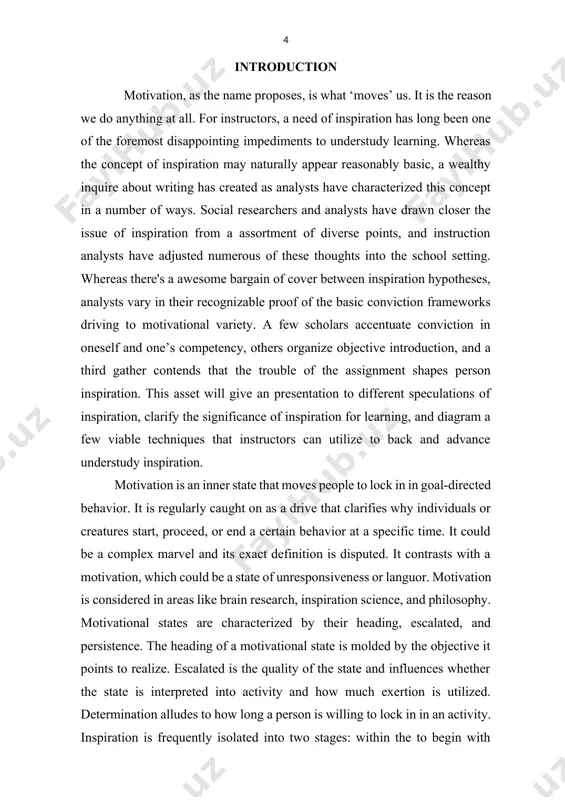 tional resources as powerful tools for creating a positive and encouraging learning environment. the aim of the study to provide valuable insights into the role of motivation in teaching english for upper classes, and how it can empower students to achieve their language learning goals the tasks of this work are: · research and analyze the specific challenges and opportunities in teaching english to upper classes, such as advanced language skills, diverse cultural backgrounds, and high expectations. · investigate the impact of motivation on the learning experience for upper class students, including how it can influence their attitude, effort, and success in language acquisition. · explore the various motivational strategies and techniques that can be utilized to engage and inspire upper class students, such as personalized learning plans, goal-setting activities, and interactive classroom activities. · examine the use of motivational quotes, inspirational resources, and positive reinforcement as effective tools for …