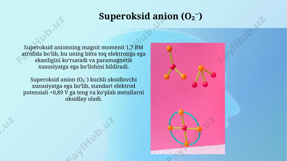 na+ va cl- ionlari oʻrtasida ion bogʻlanishi kuzatiladi. birinchi guruh anionlarining oksidlanish darajasi -1 ga teng boʻlib, ular kuchli oksidlovchilar bilan reaksiyaga kirishmaydi, lekin kuchli qaytaruvchilar bilan oson reaksiyaga kirishadi. alkali metall gidroksidlari (oh⁻) gidroksid ionining (oh⁻) konsentratsiyasi ph ni aniqlaydi; ph = 14 - poh munosabatidan foydalanib, isqoriy metall gidroksidlarining kuchli asos ekanligini aniqlash mumkin. lioh, naoh, koh, rboh va csoh kabi isqoriy metall gidroksidlari 1:1 elektrolitlar sifatida suvda to'liq dissotsilanib, gidroksid ionlarini hosil qiladi, bu ularning yuqori gidroksid ion konsentratsiyasini tushuntiradi. oksid anion (o²⁻) oksid-anionning yuqori elektron manfiyligi tufayli u kuchli elektrofil xususiyatga ega va kovalent bogʻ hosil qilishga moyil, masalan, koʻplab metall oksidlarida kovalent bogʻlar mavjud. oksid-anion (o²⁻) ikki manfiy zaryadga ega boʻlib, kislorod atomining ikkita elektron qabul qilishi natijasida hosil boʻladi va koʻplab birikmalarda, jumladan, oksidlar va gidroksidlar tarkibida uchraydi. siliciya anionlari (si⁴⁻) siliciy anionlarining (si⁴⁻) reaktivligi muhitning ph darajasiga bog'liq bo'lib, kislotali muhitda ularning barqarorligi …