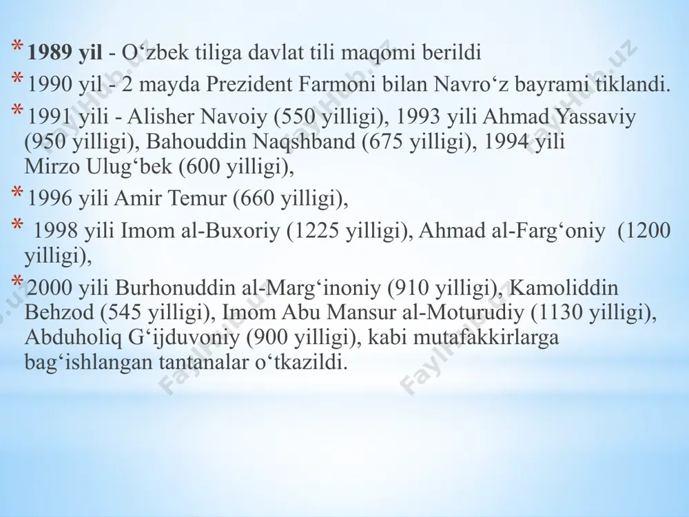 risabzning 2700 yillik yubileyi 2003 yil - g‘ofur g‘ulom tavalludining 100 yilligi, toshkentda g‘ofur g‘ulom haykali ochildi, abduxoliq g‘ijduvoniyning 900 yilligi 2004 yil - xoja axror valiyning 600 yilligi 2005 yil - oybek tavalludining 100 yilligi 2006 yil 20 iyulda respublika prezidentining “respublika axolisini axborot – kutubxona bilan ta’minlashni tashkil etish to‘g‘risida”gi qarori qabul qilindi. 2007 yil - samarqand shahrining 2750 yilligi, marg‘ilon shahrining 2000 yilligi 2008 yil - toshkentda shoira zulfiya haykali ochildi. 2009 yil - toshkent shahrining 2200 yilligi keng nishonlandi 2017 yil - 17 fevralda prezident sh.mirziyoev farmoni bilan termiz shahrida imom at - termiziy nomidagi xalqaro islom tadqiqot markazi tashkil etildi. 2017 yil - 23 iyunda o‘zr vazirlar mahkamasi huzurida islom madaniyati markazini tashkil etish chora-tadbirlari to‘g‘risida” o‘zr prezidentining qarori qabul qilindi. 2018 yil - 16 aprelda “diniy ma’rifiy soha faoliyatini tubdan takomillashtirish chora-tadbirlari to‘g‘risida”gi prezident farmoni e’lon qilindi. 10 mustaqillik yillarida tarixiy xotira, moddiy va …