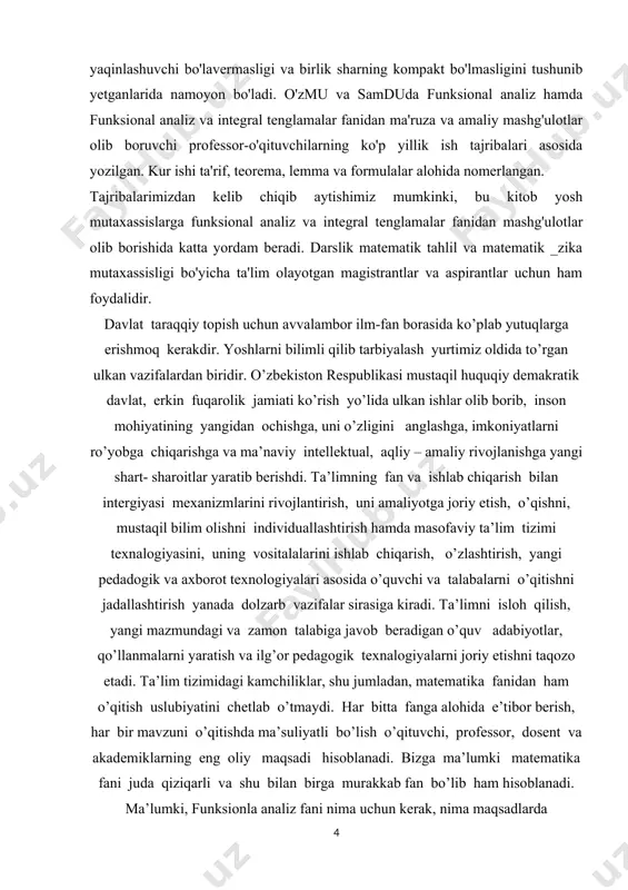 makdir. kurs ishining tuzilishi. kurs ishi tuzilishiga ko’ra rejasi asosan 4 ga bo’linadi: i. kirish, ii. asosiy qism, iii. xulosa, iv. foydalanilgan adabiyotlar ro’yxati, hamda ilovadan iborat bo’ldi. matematika sohasidagi ta’lim sifatini oshirish va ilmiy - tadqiqotlarni rivojlantirish chora-tadbirlari to’g’risida qarori. mamlakatimizda matematika 2020- yildagi ilm – fanni rivojlantirishning ustuvor yo’nalishlaridan biri sifatida belgilandi. o’tgan davr ichida matematika ilm – fani va ta’limini yangi sifat bosqichiga olib chiqishga qaratilgan qator tizimli ishlar amalga oshirildi. birinchidan, ilg’or ilmiy markazlarda faoliyat yuritayotgan vatandosh matematik olimlarning taklif qilinishi va xalqaro ilmiy- tadqiqotlar olib borilishi uchun zarur shart- sharoit yaratildi. ikkinchidan, xalqaro fan olimpiyadalarida g’olib bo’lgan yoshlarimiz va ularning murabbiy ustozlari mehnatini rag’batlantirish tizimi joriy etildi. uchinchidan, oliy ta’lim va ilmiy- tadqiqotlarning o’zaro integratsiyalashuvini ta’minlash maqsadida talabalar shaharchasi fanlar akademiyasining b.i .romanovskiy nomidagi matematika institutining ( keyingi o’rinlarda - institut ) yangi va zamonaviy binosi barpo etildi. matematika sohasidagi fundamental tadqiqotlarni moliyalashtirish hajmi bir …