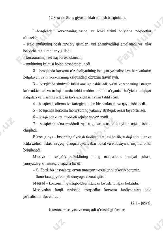 -chizma. ishlab chiqarish potensialini strategik rejalashtirish. shunday qilib, uzoq muddatli rejada firmaning umumiy strategiyasi aks ettiriladi, kelgusidagi modeli yoritiladi. firmaning rivojlanish yagona strategiyasi strategik variantlar ishlab chiqarishni kengaytirish – korxona filliallarini tashkil etish – rekonstruksiya uchun investitsiya – korxonani ijaraga berish – korxona bo’limlarini sotish – boshqa korxonalarning aksiyalarini o’zlashtirish – modernizatsiya – ratsionalizatsiya – qaytar lizing – reinvestitsiya – ishlab chiqarishni tashkil etishni takomillashtirish mavjud potensialni aniqlash – mahsulot ishlab chiqarish hajmini qisqartirish – ishlab chiqarishni konservatsiya qilish – korxonani ijaraga berish – korxonani tugatish – boshqa korxonalar bilan qo’shilish korxonani qisqartirish sifatida struktura, tizim, xodimlar, qobiliyatlar birligi, umumiy qadriyatlar kabi muhim ijtimoiy iqtisodiy omillarning o‘zaro ta‘sir mexanizmini ifodalaydi. ushbu barcha omillar o‘zaro bog‘langan bo‘lib firmaning aniq reja- boshqaruv natijalariga kompleks ta‘sir ko‘rsatadi. keltirilgan model strategiya rejalashtirishni ko‘rsatkichlarini yuzaki shakllantirish jarayoni sifatidagina emas, balki barcha toifadagi xodimlar o‘rtasidagi ijodiy hamkorlik va kelishuvchilik mexanizmi, ularning shaxsiy manfaatlarini korxona umumiy maqsadi …