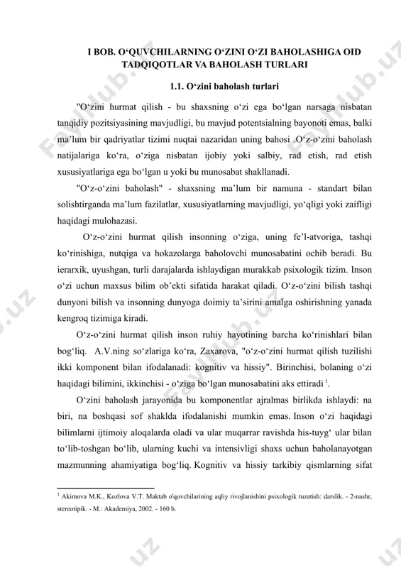 r va xatti-harakatlarni tuzatishni amalga oshiradi, ya’ni. faoliyati va xatti-harakatlarini o‘z-o‘zini tartibga solishni amalga oshiradi. shaxsiy o‘zini o‘zi qadrlash - bu insonning o‘z qobiliyatlari, imkoniyatlari, shaxsiy fazilatlari, shuningdek tashqi ko‘rinishiga munosabati. shaxsiy o‘zini o‘zi qadrlash ushbu darajani miqdoriy baholash asosida o‘z-o‘zini qondirish darajasini aniqlashga yordam beradi".zaxarova a.v. modallik bo‘yicha o‘z-o‘zini baholashni farqlaydi. u subyektning aqliy va jismoniy fazilatlariga ishonchli bahosini aks ettiruvchi kategorik shaklda yoki subyektning o‘ziga bo‘lgan refleksiv munosabatini anglaydigan muammoli shaklda ifodalanishi mumkin. uning orqasida nafaqat subyektning o‘zida qandaydir noaniqlik, balki uni o‘zgartirish imkoniyatini taxmin qilgan holda (u o‘z kuchini sinab ko‘radigan) baholash mavzusiga yo‘naltirilganligi ham bo‘lishi mumkin. zaxarova a.v nuqtai nazaridan, o‘z-o‘zini baholashning uch turi mavjud: bashoratli o‘z-o‘zini baholash, joriy va retrospektiv. prognostik o‘z-o‘zini baholash - subyektning o‘z imkoniyatlariga bo‘lgan munosabatlarini aniqlash. bu shaxsning bashorat qilish, harakatlar natijalarini oldindan bilish qobiliyatini rivojlantirish bilan bog‘liq. yakobson s.n. taʼkidlashicha, bashoratli oʻz-oʻzini baholash insonning kelajagi haqidagi gʻoyalarini oʻz ichiga oladi. …