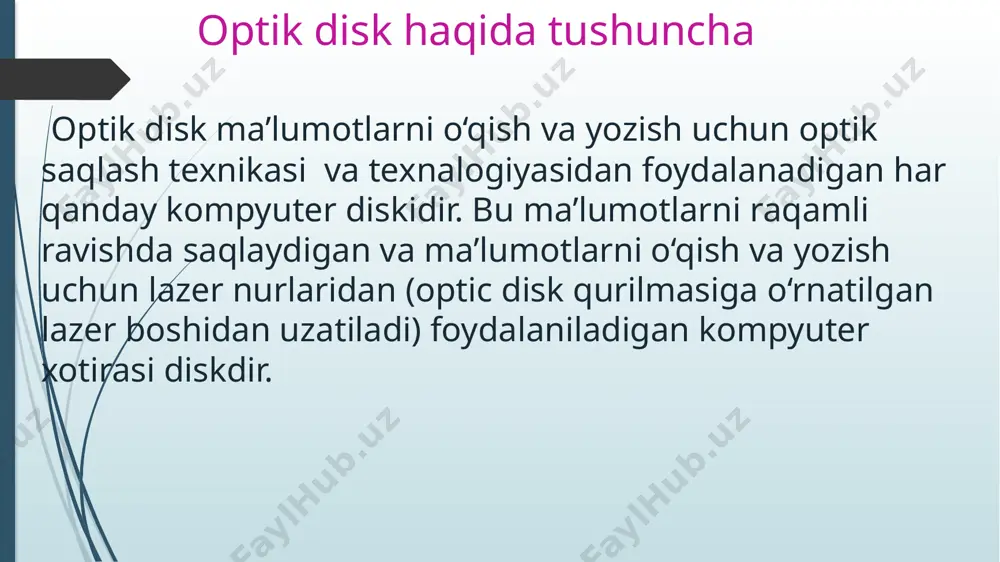 tomonda ish qatlamlari bor. minidvd-media optik media mini dvd an'anaviy raqamli versatile disc kichik nusxasi. u diametri 8 sm va foto va videokameralar uchun. 2,8 gb - yagona yo'l disk, o'z hisoblash, ma'lumotlarni 1,4 gb ikki-yo'l tuta oladi. formatda, ular minidvd-r (bir marta) va minidvd-rw (bir necha) bor. nazorat savollari optik disk nima? optik diskning qanday turlari bor? optik media mini dvd haqida ma’lumot ber image1.jpeg image2.jpeg image3.png /docprops/thumbnail.jpeg