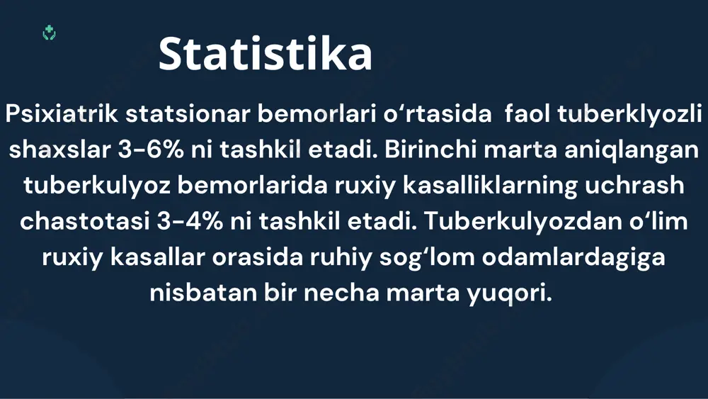 ikrlariga va urinishlariga o‘tadi (hematologist)dr. samira hadid dr. isabel mercado dr. isabel mercadodr. connor hamilton isterik reaksiyalarning namoyon bo‘lishi: 1. o‘zgalar e’tiborini oshirib talab qilish ("aks holda tuzalib ketmayman"); 2. har qanday iltimos va xohishlarini darhol bajarishni talab qilish; 3. o‘z holatining og‘irligini ta’kidlash, hissiyotlarni bo‘rttirib ifodalash; 4. o‘z his-tuyg‘ularini doimiy tasvirlash; 5. hamdardlikni uyg‘otish uchun shikoyatlarni qayta-qayta takrorlash. tuberkulyoz jarayonidan aziyat chekayotgan bemorlarda tez-tez eyforiya kuzatiladi wardiere medical m e d i c a l p r e s e n t a t i o n t e m p l a t e 1. intoksikatsion ruhiy buzilishlar. bu organizmning umumiy zaharlanishi bilan bog‘liq bo‘ladi. 2. mahalliy zararlanishlar. turli organlar va tizimlarning faoliyati buzilishi bilan bog‘liq nevrologik simptomlar ruhiy kasalliklar va oʻpka sili wardiere medical shizofrenik xayollar va gallyutsinatsiyalar bilan bog‘liq psixozlar ba’zan fibroz-kavernoz yoki dissimenatsiyalangan tuberkulyoz fonida kuzatiladi. wardiere medical m e d i c a l …