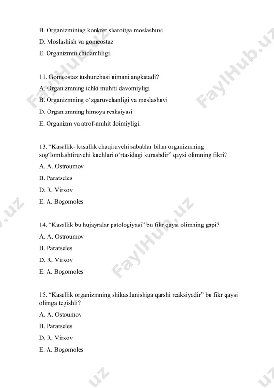 ishi, suvni yuza qismiga chiqishi, suzishi nobud bo‘lgan baliqlar soniga qarab, tashxis qo‘yish qanaqa usul hsioblanadi? a. klinik usul b. epizootologik usul d. parazitologik usul e. bakteriologik usul. 25. baliqlar xo‘jaligikda epizootologik va klinik tekshiruvdan o‘tkazilgandan keyin, 3 kishidan kam bo‘lmagan komissiya tarkibida akt dalolatnoma tuziladi. ushbu akt dalolatnoma necha qismdan iborat bo‘lishi kerak? a. 5 qismdan b.7 qismdan d. 3 qismdan e. 9 qismdan 26. kasallangan baliqlarni gistologik tekshirish uchun organ va to‘qimalardan olinadigan namuna qanday hajmda va qalinlikda bo‘lishi kerak? a. 34; 1,0-1,5 sm b.23; 0,5-1,0 sm d. 33; 1,0-1,0 sm e. 22; 1,5-1,5 sm. 27. gemoglabin miqdori, o‘lchami, eritrotsit miqdori, uni shakllanganligi, eritrotsitlarni cho‘kish tezligi, leykogramma tekshirishning qaysi usuliga tegishli? a. patologoanatomik b.gistologik d. bioximik e. gematologik. 28. qon tarkibidagi glyukoza miqdori, ca, p, umumiy oqsil, bilirubin, fermentlar (asat, asat) gormonlar qaysi tekshirish usuli orqali aniqlanadi? a. patologoanatomik b.gistologik d. bioximik e. gematologik. 29. qon tarkibidagi ya’ni …