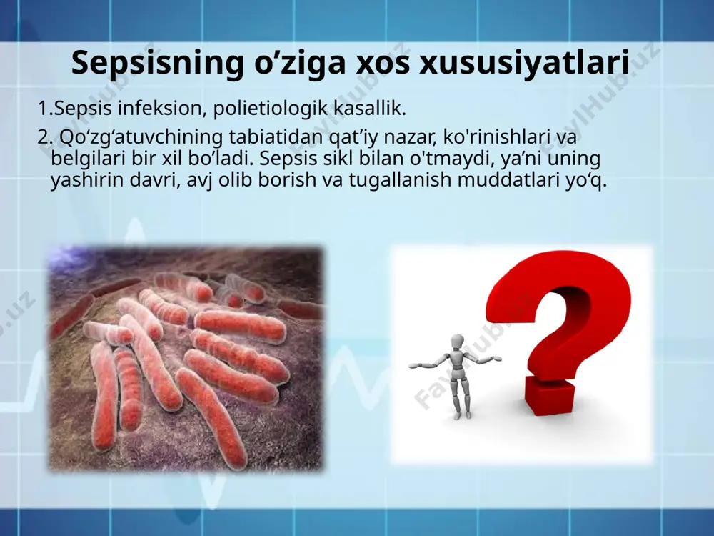 tashxislash imkonini beruvchi yangi dastur ishlab chiqildi. bu dastur bemorga oid ma’lum ko’rsatkichlar asosida electron hisob-kitoblar orqali diagnoz qo’yish imkoniyatiga ega. bu ko’rsatkichlar soni 8 ta bo’lib, ulardan 4 tasi laborator, 2 tasi klinik va 2 tasi fundamental ko’rsatkichlardir. ular kompyuterga kiritilganda avtomatik ravishda kasallikning rivojlanish xavfi darajasini hisoblab beradi. davolash vaqti o’rtacha 7 kunga kamaygan va bemorlarning faol hayotga qaytishi ham bir necha barobar tezlashgan. (tta ii klinikasi umumiy va bolalar xirurgiyasi kafedrasi mudiri prof. oxunov a.o. dan) soha yangiliklari xulosalar qaysi etiologic omil bilan kelib chiqishiga qaramay, hali ham sepsis eng muammoli infeksion kasallik ekanligicha qolmoqda; eng xavfli tomoni esa aynan bolalarning o’limi bilan yakun topmoqda; aksariyati pnevmoniyaning asorati sifatida ko’rsatilmoqda; organizmda immunobiologik reaktivligini oshirishga e’tibor qaratishni talab qilmoqda. bu esa sog’lom turmush tarziga rioya qilish bilan bog’liq(yuqoridagilar respublika davlat dasaturiga kiritilgan). image2.jpeg image3.wmf image4.jpeg image5.jpeg image6.jpeg image7.jpeg image8.jpeg image9.jpeg image10.jpeg image11.jpeg image12.jpeg image13.jpeg image14.jpeg image15.jpeg image16.jpeg image17.jpeg …