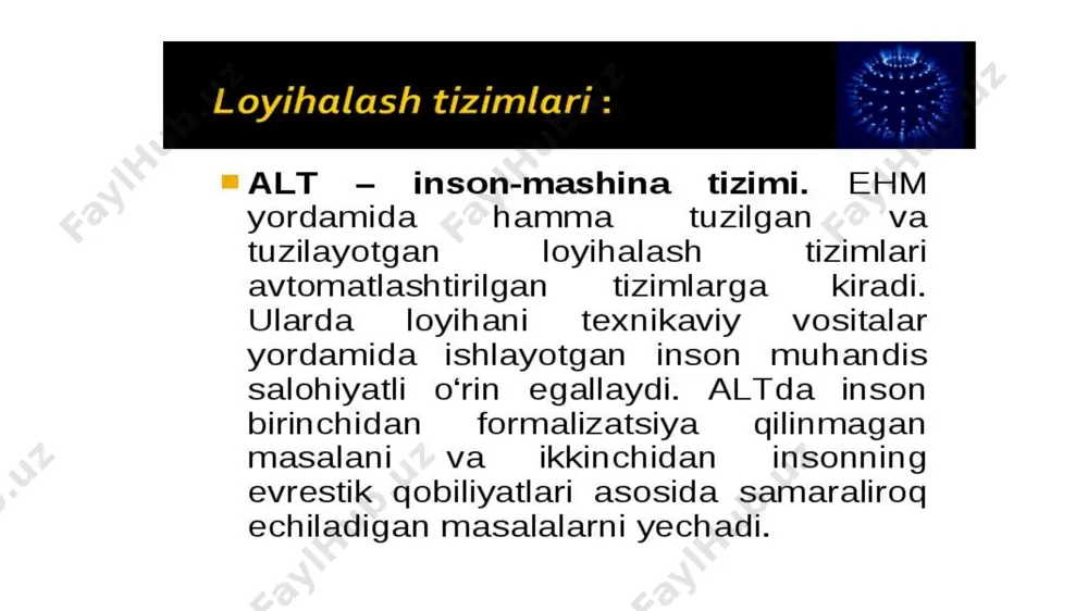 agi kompyuter bilan bog‘lanish qurilmalari. mexatron qurilmalarda foydalaniladigan datchchik. elektrik datchik. o‘lchov o‘zgartgichi yoki datchik har qanday avtomatik boshqarish sistemasining asosiy tarkibiy qismlaridan biri bo‘lib, nazorat qilinayotgan parametrni qabul qilish va uni o‘lchash hamda sistemaning keyingi elementiga uzatish uchun oson bo‘lgan boshqa parametrga o‘zgartirishga xizmat qiladi. har qanday fizik tabiatga ega bo‘lgan, nazorat qilinayotgan parametr datchiklar yordamida chiqishda mexanik yoki elektrik parametrlarga aylantirilishi mumkin. elektr chiqishli datchiklar mexanik datchiklarga nisbatan, masofadan turib o‘lchash, chiqish signalini kuchaytirish va undan boshqarishda foydalnish osonligi, kam xatoga yo‘l ko‘yishligi kabi afzalliklarga ega. shuning uchun ushbu datchiklar ko‘proq qo‘llanishga ega. lingvistik ta’minoti asosini maxsus til vositalari (loyihalash tillari) tashkil qiladi; ular avtomatlashtirilgan loyihalash protseduralarini va loyihaviy yechimlarni bayon qilish uchun mo‘ljallangan. lingvistik ta’minotning asosiy qismi – insonning kompyuter bilan muloqot qilish tillari kiradi. bular-visual basic, visual c++, delphi, java, visual fox pro va boshqalar image1.png image2.png image3.png image4.png