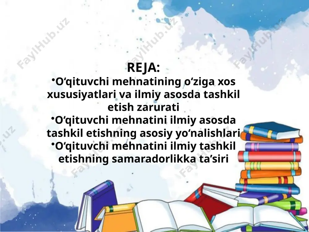 sil bo‘ladi. o‘qituvchi zamonaviy metodlardan foydalanganida o‘quvchilar bilimlarni tezroq o‘zlashtiradi. vaqt va kuch tejaydi reja asosida ishlash o‘qituvchiga ortiqcha zo‘riqmasdan, samarali faoliyat yuritish imkonini beradi. o‘qituvchining mehnati tizimli bo‘lgani uchun dars samaradorligi ortadi. o‘quvchilar faollashadi interaktiv metodlar qo‘llanganda o‘quvchilar darsda faol ishtirok etadi. hozirgi zamon axborot kommunikatsion texnologiyalarining taraqqiyoti davrida o‘qituvchi mehnatini ilmiy asosda tashkil qilish fan va texnika yutuqlarini o‘qituvchi tomonidan qay dara­jada o‘zlashtirilishiga ham bog‘liq. shu bilan birga o‘qituvchi mehnatini ilmiy asosda tashkil qilish uchun fanlar integratsiyasini, pedagogika va psixologiya fanlarining eng so‘nggi yutuqlarini muntazam o‘zlashtirib borish shart. ushbu bilimlar axborot kommunikatsion texnologiyalari, matbuot, ihniy jurnallar, ilmiy adabiyotlar asosida o‘zlashtiriladi. o‘qituvchi mehnatini ihniy asosda tashkil etishda vaqtdan unumli foydalanish, o‘zining keng imkoniyatlarini hamisha hisobga olish, o‘quv va tarbiya jarayonida har bir daqiqadan unumli foydalanish, vaqtni bekorga o‘tkazishga yo‘l qo‘ymaslik muvaffaqiyat garovidir. o‘qituvchi mehnatini ilmiy asosda tashkil etishda avvalo: - o‘z ijodiy imkoniyatlariga ishonishi; -ta’lim muassasalarida olib boriladiganta’lim -tarbiyajarayonini …