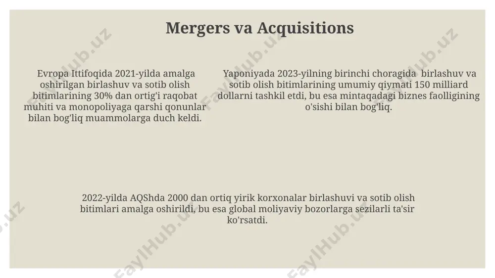 alarni jalb qildi. o'zbekiston respublikasida qimmatli qog'ozlar bozorining kapitalizatsiyasi 2023-yilning birinchi choragida 5 milliard aqsh dollaridan oshdi, bu korporatsiyalar uchun mablag' jalb qilish imkoniyatlarini kengaytirdi. kichik va o'rta biznes korxonalarining 10 foizi samarqand viloyatida qimmatli qog'ozlar bozorida aksiyalar chiqarish orqali moliyaviy resurslarni jalb qilishga harakat qilmoqda. korporativ qarz olish xalqaro moliya institutlari o'zbekistonga 2025-yilgacha 100 million yevro miqdorida korporativ qarz olish dasturini moliyalashtirishni rejalashtirmoqda, bunda infratuzilma loyihalari ustunlik qiladi. korporativ qarz olish bo'yicha 2023-yil yakunlari shuni ko'rsatdiki, o'zbekistondagi yirik korxonalarning 30% dan ortig'i 5 yillik muddatga 10 million aqsh dollaridan oshiq qarz olgan. korporativ qarz olish bo'yicha 2023-yil yakunlari shuni ko'rsatdiki, o'zbekistondagi yirik korxonalarning 30% dan ortig'i 5 yillik muddatga 10 million aqsh dollaridan oshiq qarz olgan. dividentlar va ularning to'lanishi rossiya kompaniyalari 2023-yilning birinchi choragida dividend to'lovlarini 15% ga kamaytirdi, bu esa global inflyatsiya va geosiyosiy noaniqliklar bilan bog'liq. evropa ittifoqida ko'plab kompaniyalar dividend siyosatini o'zgartirib, to'lovlarni qisqartirish yoki …