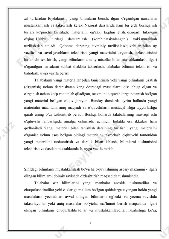 larini aniqlashga yordam beradi. yuqorida tavsiflangan barcha darslarning majburiy elementi tashkiliy va yakuniy bosqichdir. tashkiliy bosqich maqsadlarni belgilash va ularni talabalar tomonidan qabul qilinishi uchun sharoitlarni ta'minlash, mehnat sharoitlarini yaratish, o'quv faoliyati motivlarini yangilash, materialni idrok etish, tushunish va yodlash bo'yicha ko'rsatmalarni shakllantirishni ta'minlaydi. dars oxirida maqsadlarga erishilganligi qayd etiladi, ularga erishishda barcha yoki alohida talabalarning individual ishtiroki aniqlanadi, ularning mehnati baholanadi, istiqbollar aniqlanadi. darsni rivojlantirishning asosiy tendentsiyalari darsga qo'yiladigan talablarda aniq ifodalangan. zamonaviy darslar quyidagi talablarga javob berishi kerak: fanning ilg‘or yutuqlari, pedagogik texnologiyalardan foydalanish, darsni o‘quv jarayoni qonuniyatlari asosida tashkil etish; darsdagi barcha didaktik tamoyil va qoidalarning optimal nisbatlarini ta'minlash; o‘quvchilarning qiziqishlari, qobiliyati va talablarini hisobga olgan holda bilimlarni har tomonlama o‘zlashtirishi uchun zarur shart-sharoitlarni yaratish; o'quvchilar uchun tushunarli bo'lgan fanlararo aloqalarni o'rnatish; ilgari olingan bilim va ko'nikmalarga, shuningdek, o'quvchilarning rivojlanish darajasiga asoslanib; shaxsning har tomonlama rivojlanishini rag'batlantirish va faollashtirish; ta'lim faoliyatining barcha bosqichlarining izchilligi va hissiyligi; pedagogik …