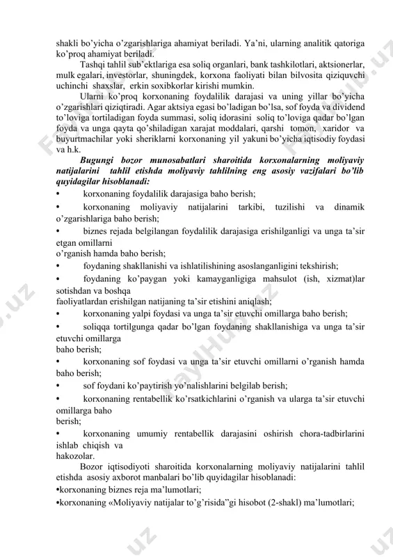bo’ylamasiga tarkiblanishi va ularning o’zgarishlari o’rganiladi. asosli yoki trend tahlilida moliyaviy natijalar va ularning yillir bo’yicha o’zgarishi, dinamikasi yoki asos yiliga nisbatan o’zgarishdlariga baho beriladi. moliyaviy natijalar tahlilida qo’llaniladigan asosiy ko’rsatkichlar qatoriga esa korxona foydaliligi yoki natijaviyligi ko’rsatkichlari, bozor aktivligi ko’rsatkichlari kiritiladi. korxona foydaligini xarakterlovchi asosiy ko’rsatkichlar sifatida rentabellik ko’rsatkichlari olinadi. bozor aktivligi ko’rsatkichlariga aktsiyalar, qimmatli qag’ozlarning foydalilik darajasini xarakterlovchi ko’rsatkichlar kiritiladi. ular qatoriga bitta aktsiyaga to’g’ri keladigan hisob foydasi (soliq to’loviga qadar bo’lgan foyda), bitta aktsiya to’g’ri keladigan sof foyda, bitta aktsiyaga to’g’ri keladigan dividend summasi, aktsiyaning bahosi va foydasi orasidagi nisbat koeffitsentlari kiradi. moliyaviy natijalar tahlil tashqi va ichki sub’ektlar tamonidan olib boriladi. ichki sub’ektlar tamonidan olib boriladigan tahlil ichki moliyaviy tahlil qatoriga kiritilib faqat shu korxonaning xodimlari tomonidan olib boriladi. moliyaviy hisobotning betarafligi shundaki, undan ham ichki ham tashqi axborot foydalanuvchilarning manfaatlari mujassamlashgan. ichki moliyaviy tahlilda korxonada ko’proq moliyaviy natijalarni yuzaga chiqish o’rni, shakli bo’yicha o’zgarishlariga ahamiyat …