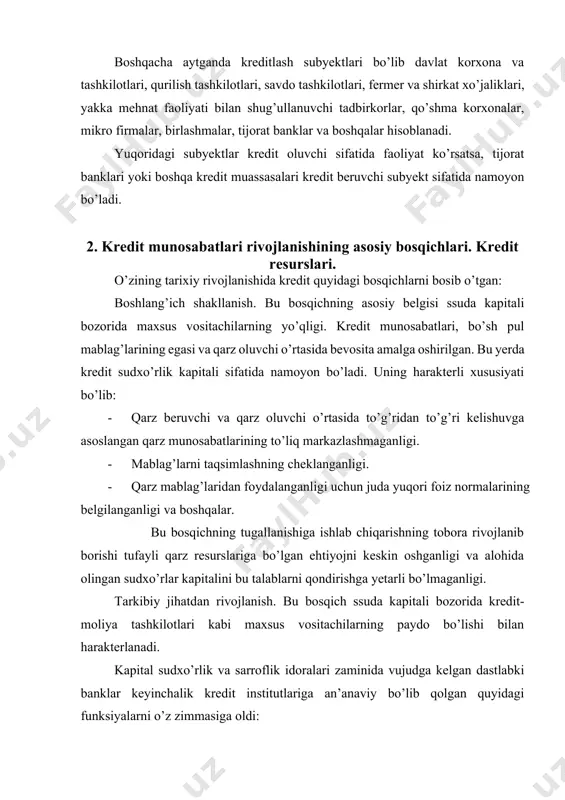 ohida olingan sudxo’rlar kapitalini bu talablarni qondirishga yetarli bo’lmaganligi. tarkibiy jihatdan rivojlanish. bu bosqich ssuda kapitali bozorida kredit-moliya tashkilotlari kabi maxsus vositachilarning paydo bo’lishi bilan harakterlanadi. kapital sudxo’rlik va sarroflik idoralari zaminida vujudga kelgan dastlabki banklar keyinchalik kredit institutlariga an’anaviy bo’lib qolgan quyidagi funksiyalarni o’z zimmasiga oldi: · bo’sh moliyaviy mablag’larni o’z vaqtida foiz bilan to’lash majburiyati asosida qarz oluvchiga berish. · yuridik va jismoniy shaxslar uchun har xil to’lov va hisob-kitoblar bo’yicha xizmat ko’rsatish (keyinchalik davlat uchun ham). · qator maxsus moliyaviy operasiyalarni o’tkazish (veksel va boshqalar). bu bosqichning asosiy belgisi – iqtisodiyotda kredit munosabatlarini davlat tomonidan markazlashgan holda boshqarilishidir. davlat mikiyosida kredit munosabatlarining markazlashuvi har bir davlatning markaziy banki yordamida amalga oshiriladi. dastlabki milliy davlat kredit institutlarining paydo bo’lishi naqd pulsiz hisob-kitoblarni olib borish uchun qo’l keldi, hamda tijorat banklarining operasiyalari va xizmat ko’rsatish ko’lamining kengayishiga olib keldi. kredit munosabatlarining takomillashuvi. bozor iqtisodiyoti sharoitida kredit munosabatlari yangi sifat …