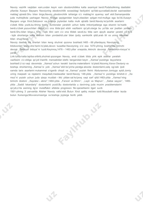 anishadi. navoiy taxminan 18-19 yoshlarida abduraxmon jomiy bilan tanishadi.navoiyning bilim saviyasi va adabiy qobilyatidan mamnun bo’lgan jomiy uni xam shogird,xam farzand deb biladi.ko’p o’tmasdan shogird va uystozning munosabaatlari ikki ulug’ shoir va mutaffakkirning do’stligi va xamkorligiga aylandi.navoiyning otasidan qolgan mol-mulkni musodara qildirgan.navoiy qattiqmoddiy qiyinchiliklarga duch kelgan. navoiy shu axvolda samarqandga keldi.samarqandda xam tastlabki payitlarda moddiy qiyinchilikda yashadi,lekin shunga qaramay,samarqand madrasalariga qatnadi,ilm-fan, san’at va adabiyot axli bilan yaqinlashdi,bilim saviyasi istedodi va qobilyati bilan tez orada obro’ va etibor qozondi.navoiy samarqandda sakkokiy va boshqa shoirlarning badiiy merosi bilan yaqindan tanishdi. samarqanddagi madaniy yodigorliklar,ayniqsa ulug’bek observatoriyasi va uluf’bek madrasasi unda katta tassurot qoldirdi. navoiy keyinchalik bu tassurotlarini o’z asarlarida, jumladan, ,,xamsa’’sida ifodaladi. navoiy samarqandda 1469-yilga qadar turdi.toju-taxt orzusida yurgan xusayn bayqaroning xirot taxtini egallab olishi uchun shu vaqtlarda qulay bir voqea yuz berdi.1468-yilningoxirlarida abusaid g’arbiy eronni egallash uchun jang olib boradi.jangda abusaidning qo’shini yengilib,uning o’zi o’ldiriladi. shu vaqtda xirot ostonalariga yaqinlashib qolgan xusayn …
