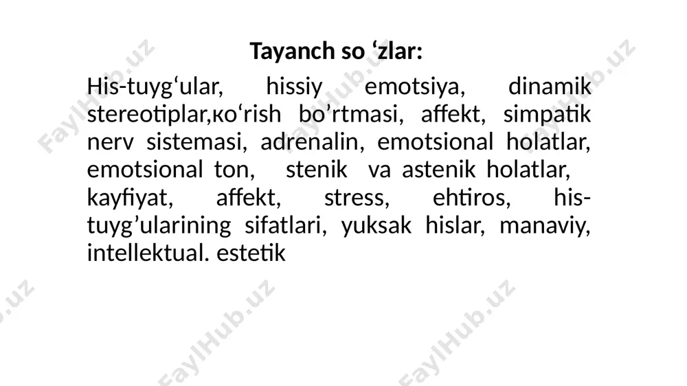lgan tuyg’ulardir. demak kishining sezgisi narsa va hodisalarning o’zidan habar beradi, hissiyot bo’lsa shaxsning nrsa va hodisalarga qanday munosabatda bo’lganligidan darak beradi. hissiyotni odamning ongidan tashqari deb bo’lmaydi. stenik va astenik his-tuyg'ular tuyg'ularning asosiy maqsadi bizning his-tuyg'ularimizni aks ettirishdir. bundan tashqari ular tananing hayotiy faoliyatiga ta'sir ko'rsatadilar. shu asosda hissiyotlar stenik va asteniklarga bo'linadi. stenik tuyg'ular ham faol deb ataladi, chunki ular organizm hayotiy faoliyatini oshiradilar. stenik his-tuyg'ularga zavq va quvonch kiradi. ushbu tuyg'u davomida odam qon tomirlarini kengaytiradi, bu esa muhim organlar va miya yaxshi ovqatlanishga olib keladi. ijobiy his-tuyg'ular insonni yanada kuchliroq, faol bo'lishga imkon beradi. inson kulish muloqot qilishni istaydi. zaif va jismoniy faoliyatni yaxshilaydi. astenik tuyg'ular passiv deb ataladi, chunki ular organizmdagi muhim hayotiy jarayonlarni kamaytiradi. astenik tuyg'ular passiv deb ataladi, chunki ular organizmdagi muhim hayotiy jarayonlarni kamaytiradi. astenik tuyg'ular - xafa, qayg'u. barcha jarayonlar shirin his-tuyg'ular bilan sodir bo'lgan narsalarning aksi. qon tomirlari torayadi, odamning …