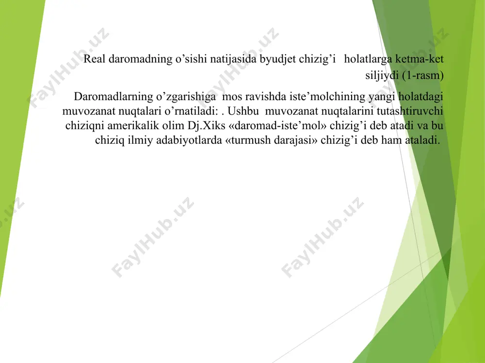 chiziqlarida joylashgan e1 , e2 va e3 nuqtalarga o’tadi agar biz optimal majmua nuqtalarini (befarqlik egri chiziqlari bilan byudjet chiziqlari kesishgan nuqtalarni) chiziq bilan birlashtirsak, bu chiziq «narx-iste’mol» chizig’i bo’ladi (a rasmdagi v chizig’i). «narx-iste’mol» chizig’iga ko’ra, talab chizig’ini aniqlash mumkin (b) rasm. bu holda ordinata bo’yicha narx, absissa o’qi bo’yicha x1 ne’mat miqdori belgilanadi. daromad va almashtirish samaralari. «daromad-iste’mol» chizig’ini tahlil qilganimizda, daromad o’zgarishini ( narxlar o’zgarganda) iste’molga ta’sirini o’rgangan edik. «narx-iste’mol» chizig’i orqali narxlarning o’zgarishini bir ne’mat bilan boshqa bir ne’matni nisbiy almashtirishga ta’siri o’rganiladi. endi biz x1 ne’matga bo’lgan talabni o’zgarishining qancha qismi narx bilan bog’liq va qancha qismi daromad bilan bog’liqligini ko’rib chiqamiz (4-rasm). narxning har qanday pasayishi, birinchidan: real daromadni oshiradi, natijada befarqlik egri chizig’i siljiydi va iste’molchi sotib olishi mumkin bo’lgan ne’matlar tarkibini o’zgartiradi; ikkinchidan - narxlar nisbatini o’zgartiradi va bir ne’mat (b) bilan boshqa ne’mat (a) almashtiriladi. ne’matlar majmuasiga (a va b ne’matlar) …