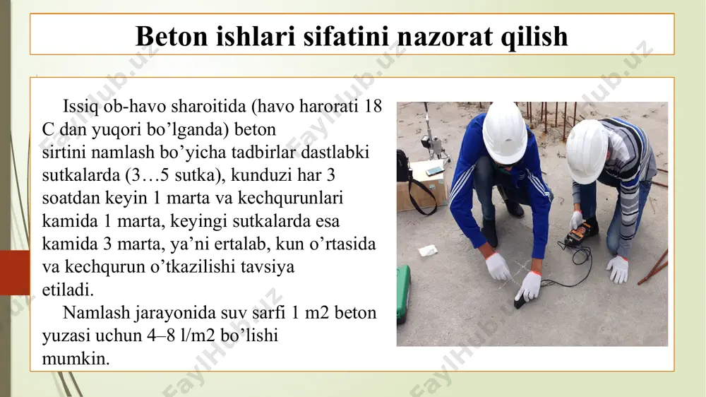 yuboriladi. bunda, beton qorishmasi tarkibidagi yirik to’ldiruvchilar (shag’al yoki chaqiq toshlar) o’lchamlari 20 mm dan katta bo’lmasligi kerak. shuningdek, bo’shliqlarni to’ldirishdagi beton qorishmasi quyuq bo’lmasligi kerak. foydalanilgan adabiyotlar “gidromeliorativ ishlarni tashkil etish” g‘.t. davronov, toshkent 2016 www.docs.cntd.ru/ www.beton-house.ru image1.jpeg image2.jpg image3.jpg image4.png image5.png image6.png