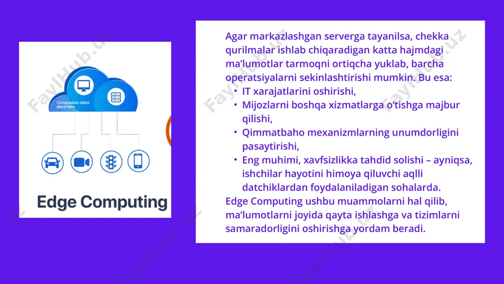 mputing qishloq xo‘jaligida zamonaviy va aqlli tizimlarni yaratishga yordam beradi, ayniqsa internet va resurslar cheklangan hududlarda. tuproq sifati : mobil qurilma yordamida fermaning joylashuvi va tuproq rangini tekshirish orqali tuproq namligini tekshirish. milch hayvonlarining salomatligi : u harorat va yurak urishi kabi sensor ma'lumotlaridan foydalangan holda chorva sog'lig'ini kuzatib boradi va uning holati haqida ma'lumot beradi. ekinlarning sog'lig'ini tahlil qilish : dronlar kabi bashoratli hisoblash mexanizmi barglarning rangi va teshiklari, hasharotlar, zararkunandalar yoki kemiruvchilar ularga hujum qilganligini tekshirish uchun ishlatilishi mumkin. barglarning sog'lig'ini tekshirish : dronlardan barglarning rangi va teshiklari, hasharotlar, zararkunandalar yoki kemiruvchilar hujum qilganligini tekshirish uchun foydalanish mumkin. chakana savdo sanoatida edge computing chakana savdo operatsiyalarini optimallashtirishga va do‘konlarning ishlash muddatini uzaytirishga yordam beradi. katta ma'lumotlar va tahlillar: ma'lumotlar real vaqt rejimida qayta ishlanadi va ishlab chiqarish manbasida tahlil qilinadi, bu esa chakana sotuvchilarga sun'iy intellekt texnologiyalaridan samarali foydalanish imkonini beradi. inventarizatsiyani boshqarish: ai aqlli video kuzatuv orqali …